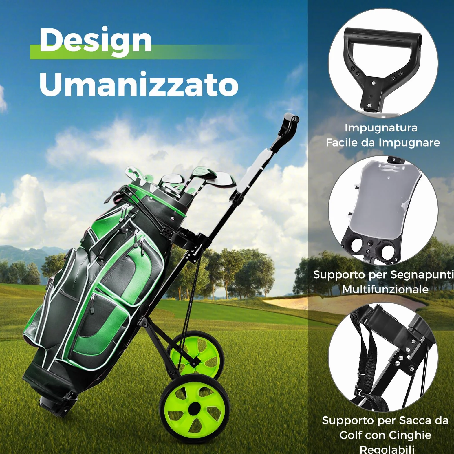 COSTWAY Carrello da Golf Pieghevole con 2 Ruote, Ferro con Tabellone Segnapunti