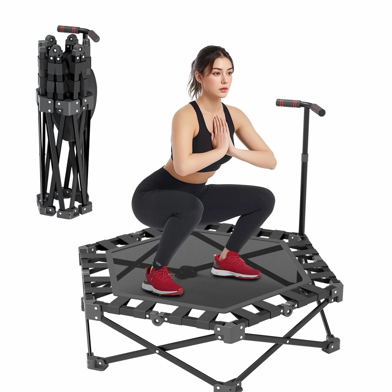 Trampoline Fitness, Mini Trampolino Pieghevole da Interni 106 cm con Manubrio Regolabile in 3 Altezze, Struttura a X Ultra Resistente - Portata Massima 275 kg