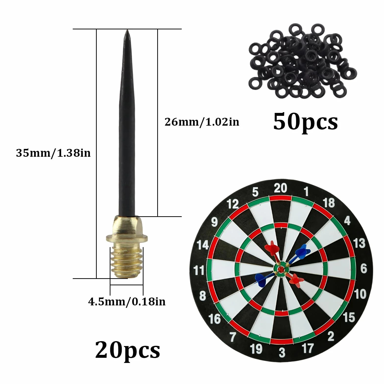 Punte per Freccette Acciaio 20 Pezzi con 50 Anelli di Gomma, Filo Darts Strumento di Conversione