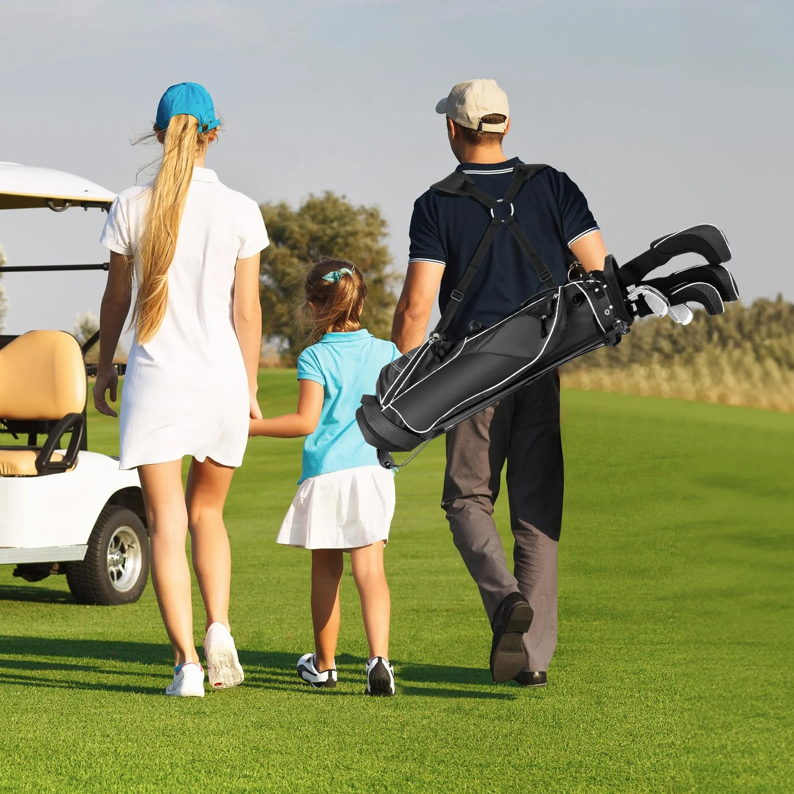 COSTWAY Sacca da Golf con Supporto, Borsa a 4 Scomparti con 4 Tasche, Borsa Frigo, Tracolla Doppia, Cappuccio Antipioggia