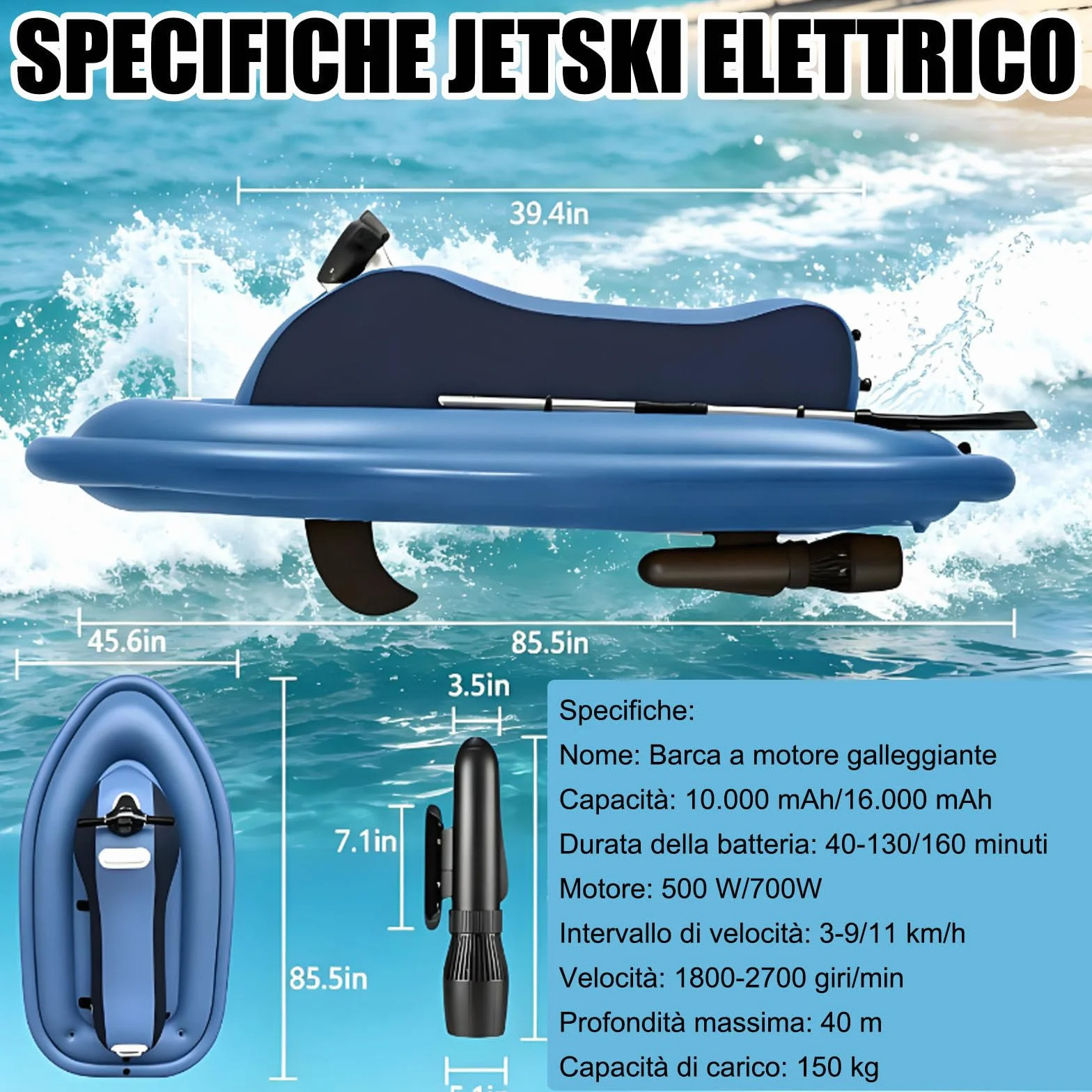 Jetski Elettrica Subacquea 700W 11km/h 9 Velocità Brushless con Motore Gonfiabile