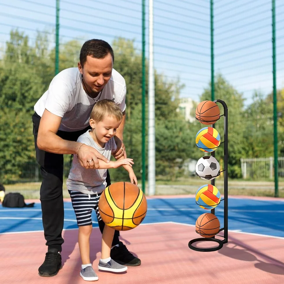 Rastrelliera Porta Palloni Verticale 5 Livelli in Metallo per Basket e Calcio, Nero