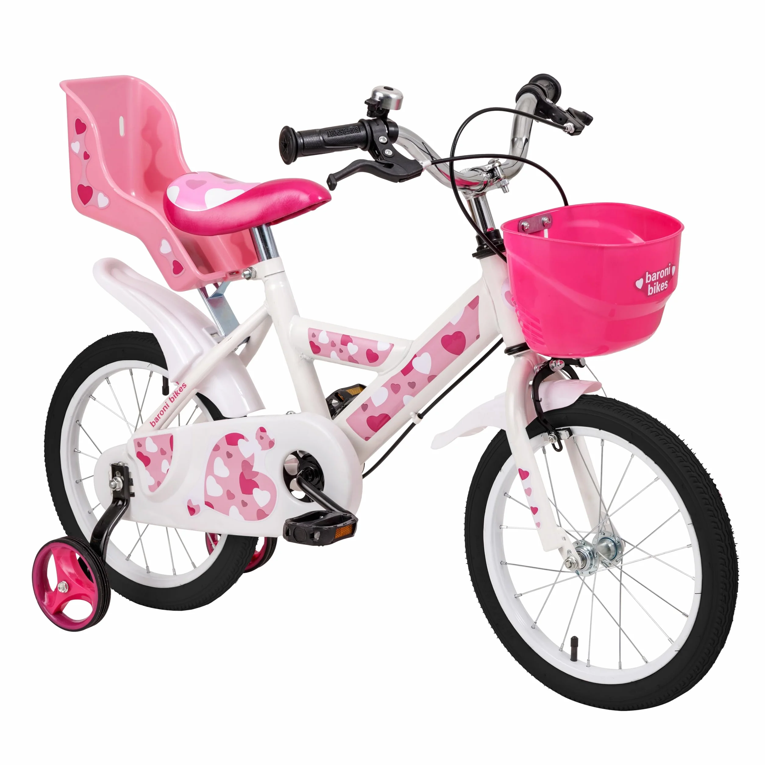 Baroni Toys Bicicletta Bambina Rosa Cuori 12" 14" 16" con Cestino e Rotelle