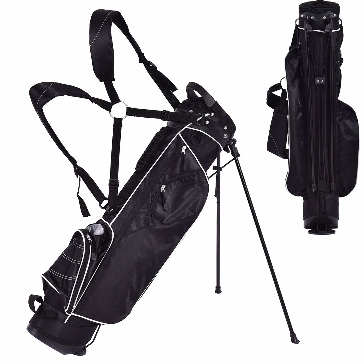 COSTWAY Sacca da Golf con Supporto, Borsa a 4 Scomparti con 4 Tasche, Borsa Frigo, Tracolla Doppia, Cappuccio Antipioggia