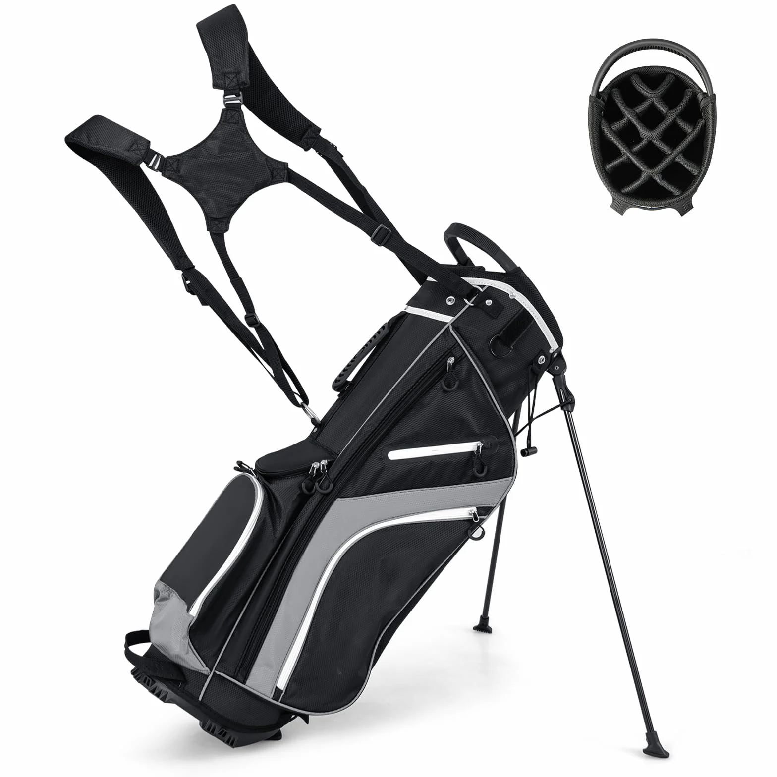COSTWAY Borsa da Golf con Supporto, Divisori a 14 Vie, 6 Tasche, Borsa Frigo, Doppia Tracolla e Cappuccio Antipioggia
