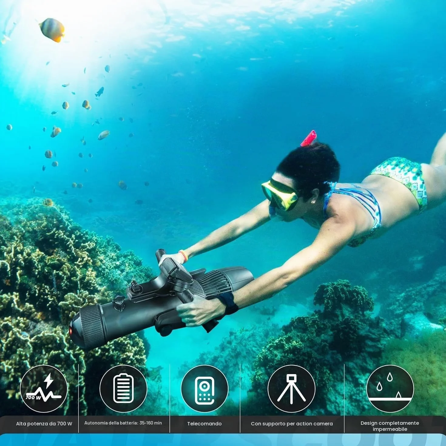 Camolech Pinna elettrica 900 W SUP scooter subacqueo 2,8 m/s telecomando 130 minuti autonomia motore kayak