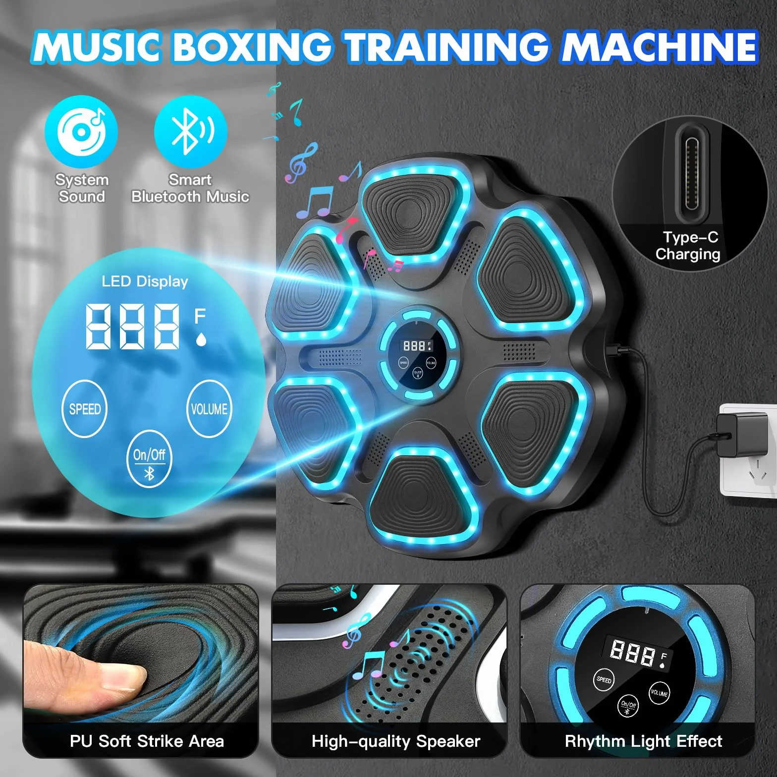WYRIAZA Macchina da Boxe Musicale, Music Boxing Machine con Bluetooth da Parete con Guantoni da Boxe, Beatpunch Machine de Boxe Musicale Pugile a LED con 11 modalità e 9 velocità