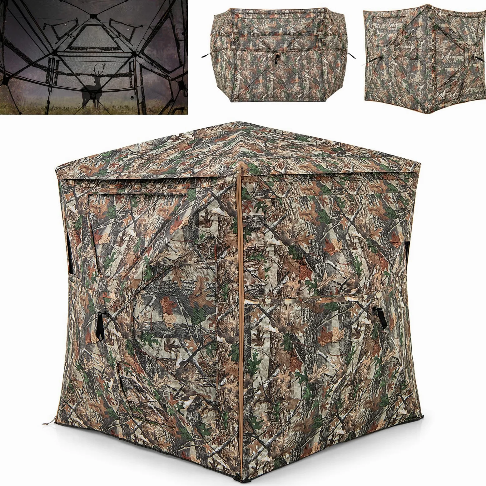 COSTWAY Tenda da Caccia 5 in 1 per 2-3 Persone, Tenda Mimetica a Visione a 360° per Caccia, Tenda Pop-Up Camouflage con Borsa da Trasporto, Attrezzatura Caccia Funzione da Recinto, 148 x 148 x 164 cm
