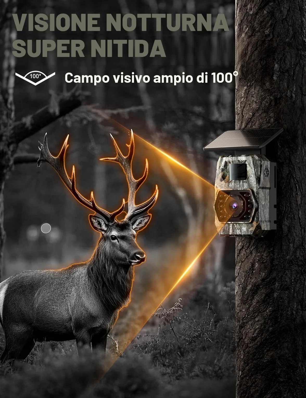 Fototrappola con Pannello Solare 60MP 4K 30fps WIFI Bluetooth App Batteria 5200mAh Angolo Rilevamento 100° HD Visione Notturna IP66