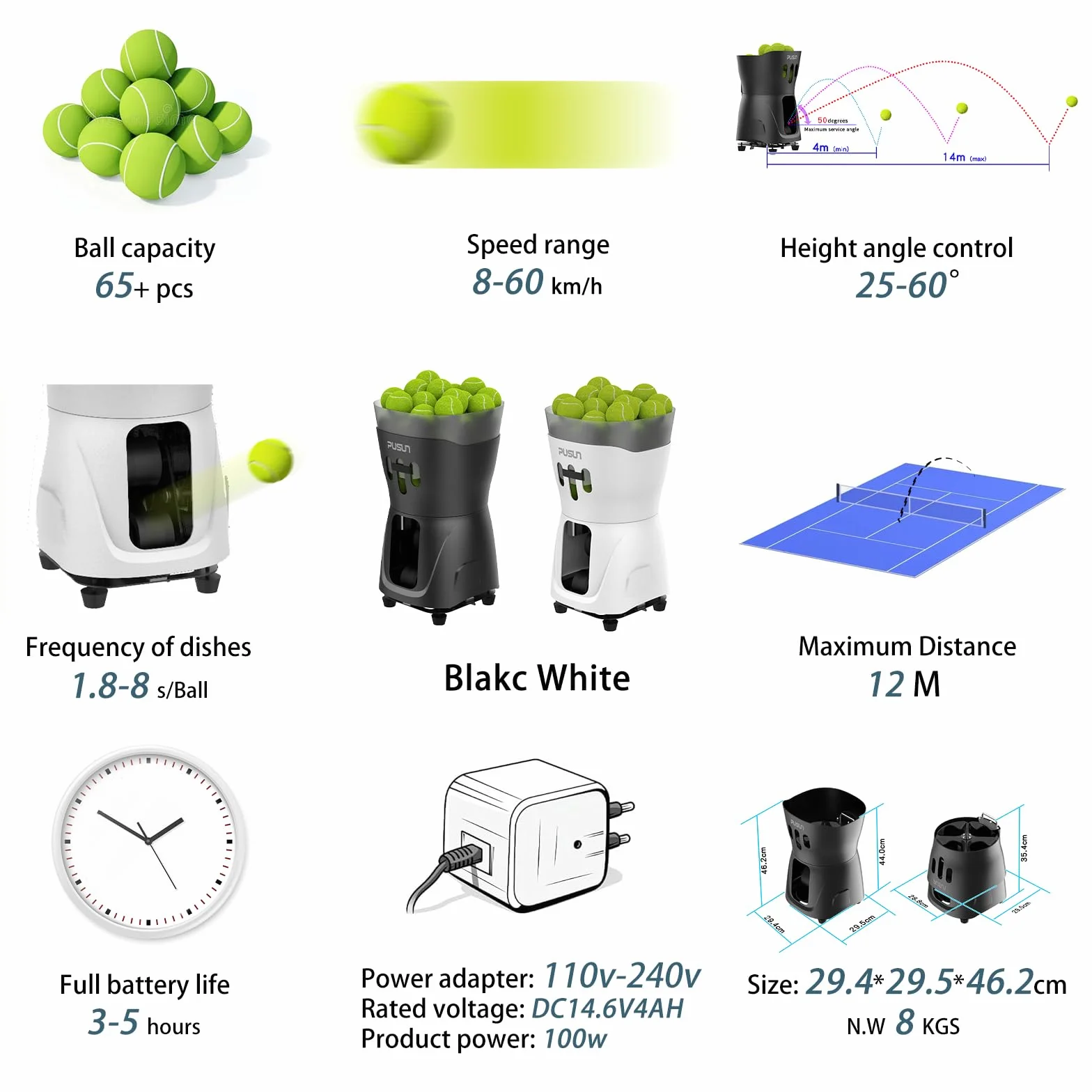 Macchina per palline da tennis PT-Mini Pro professionale con telecomando, controllo app, imbuto 65+, batteria