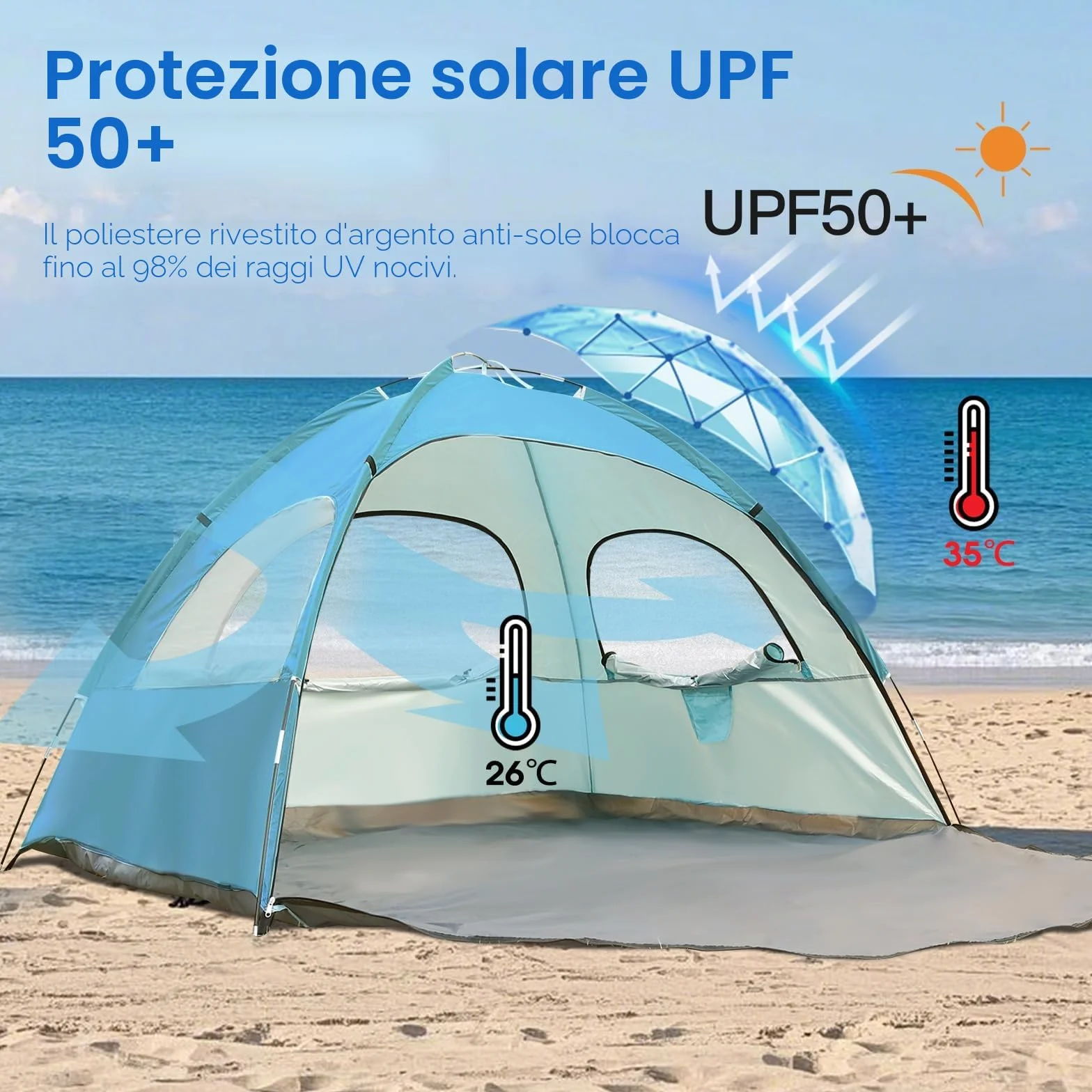 JAICOM Tenda da spiaggia 2-3 persone protezione UV UPF 50+
