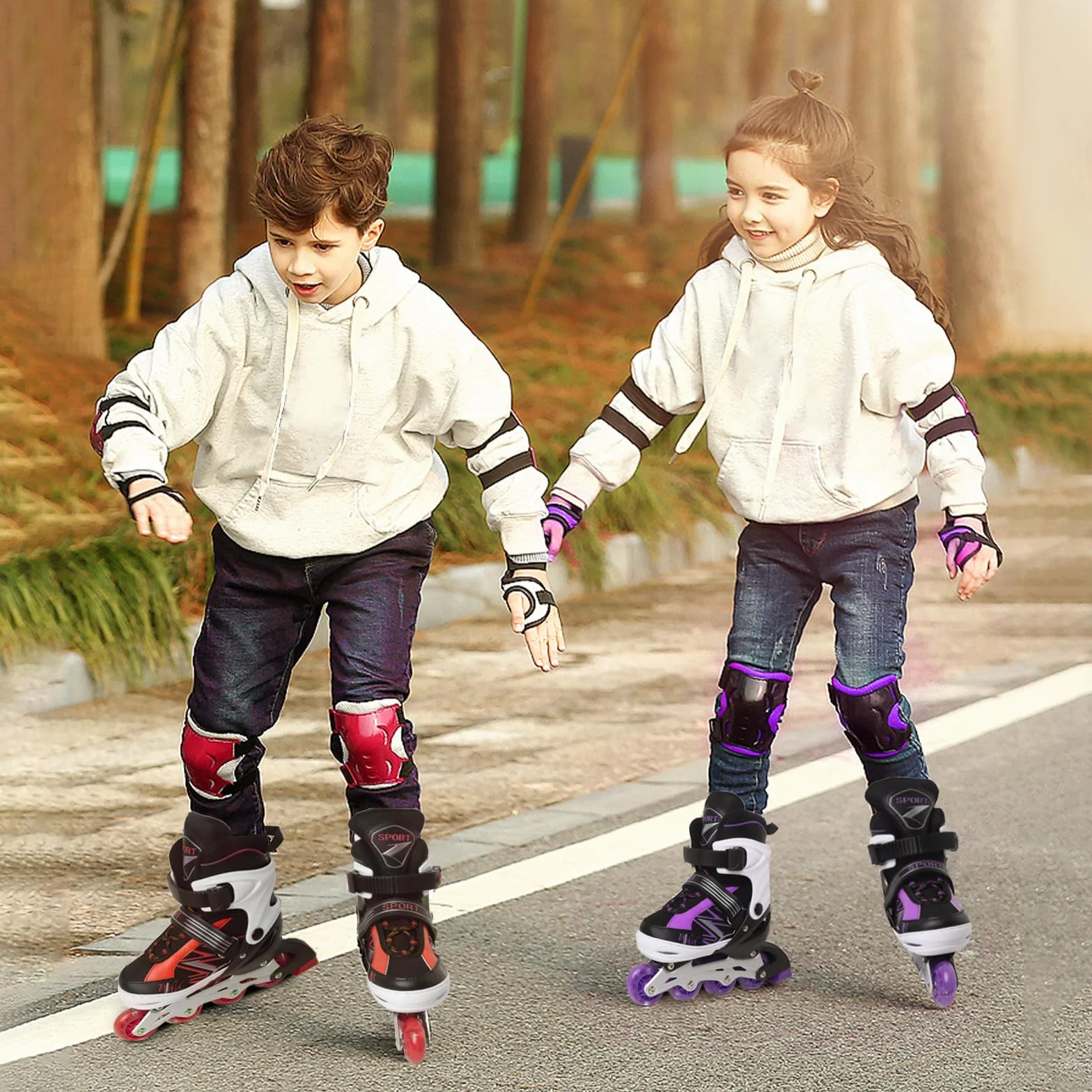 Pattini in linea regolabili per bambini ragazze ragazzi principianti, Pattini a rotelle rosso e viola per bambino e adolescente per lo sport