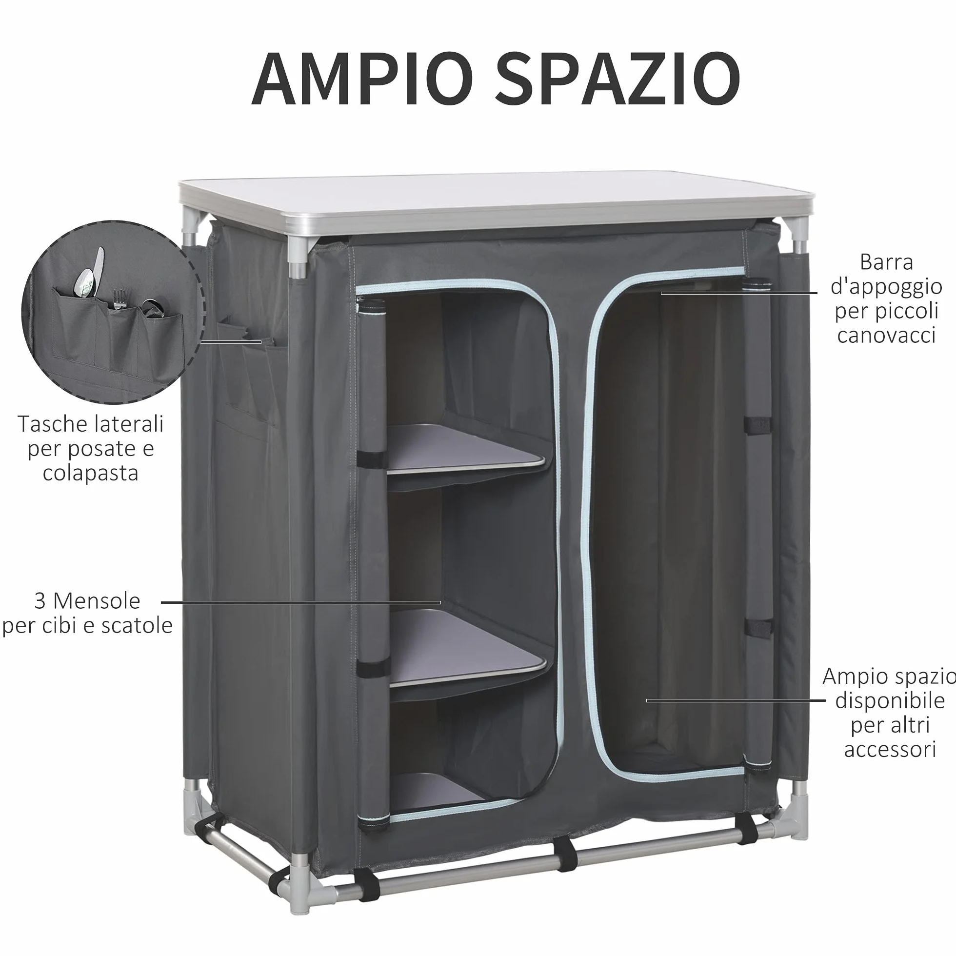 Outsunny Cucina da Campeggio Doppio Armadietto 96Lx49.5Px104cm Grigio Telaio Alluminio