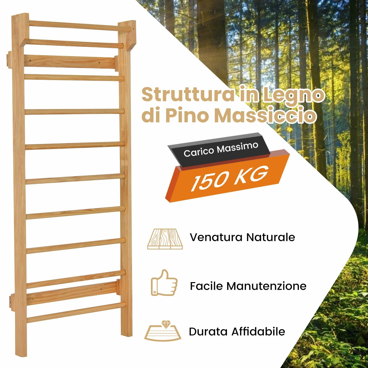 GYMAX Spalliera Svedese 10 Gradini Legno Massello 100 kg 80x14x195 cm