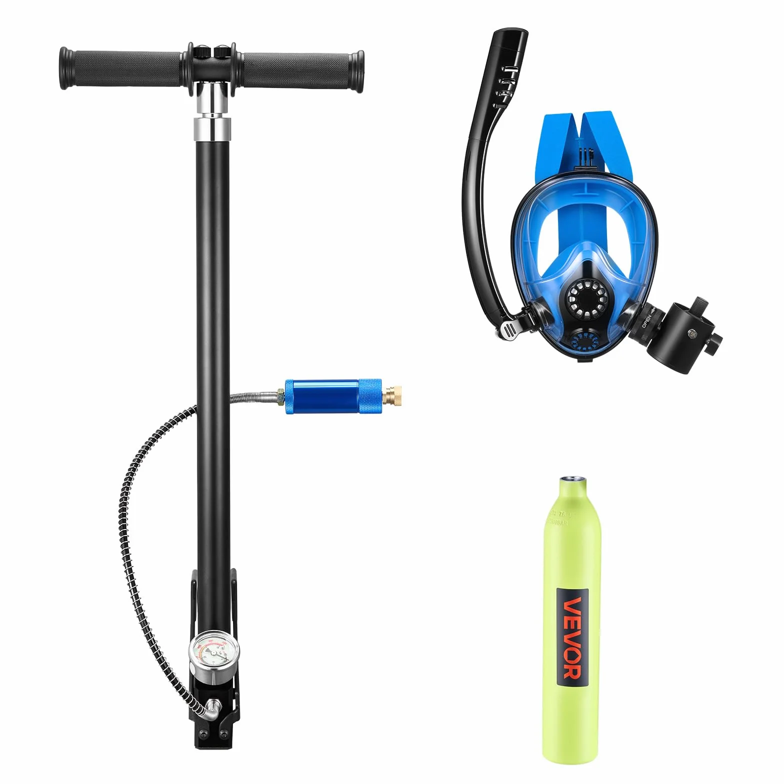 VEVOR Mini Bombola Subacquea, Set Bombola Portatile 0,5L con Maschera Integrale, Pompa Manuale ad Alta Pressione, Scuba Tank Autonomia 10 Minuti