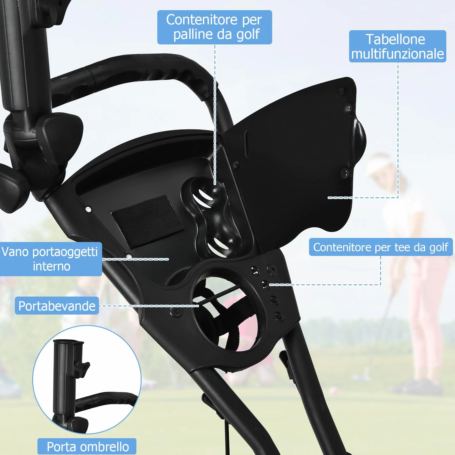 COSTWAY Pieghevole Carrello da Golf 3 Ruote Alluminio Cinghia Elastica Portaombrello Porta Bicchiere Segnapunti Freno a Pedale