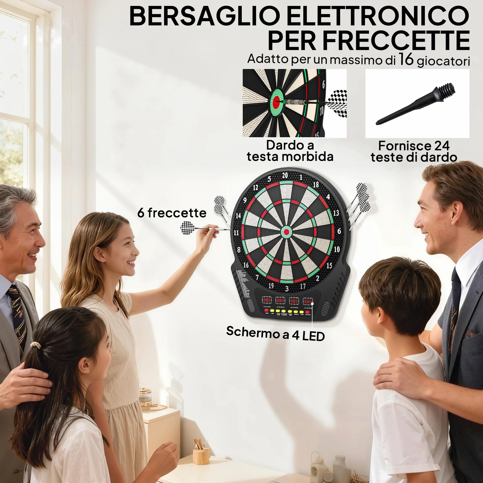 HOMCOM Tabellone Freccette Elettronico 243 Programmi 27 Giochi 6 Freccette 4 Display LED 44x51.5x3.2 cm Nero