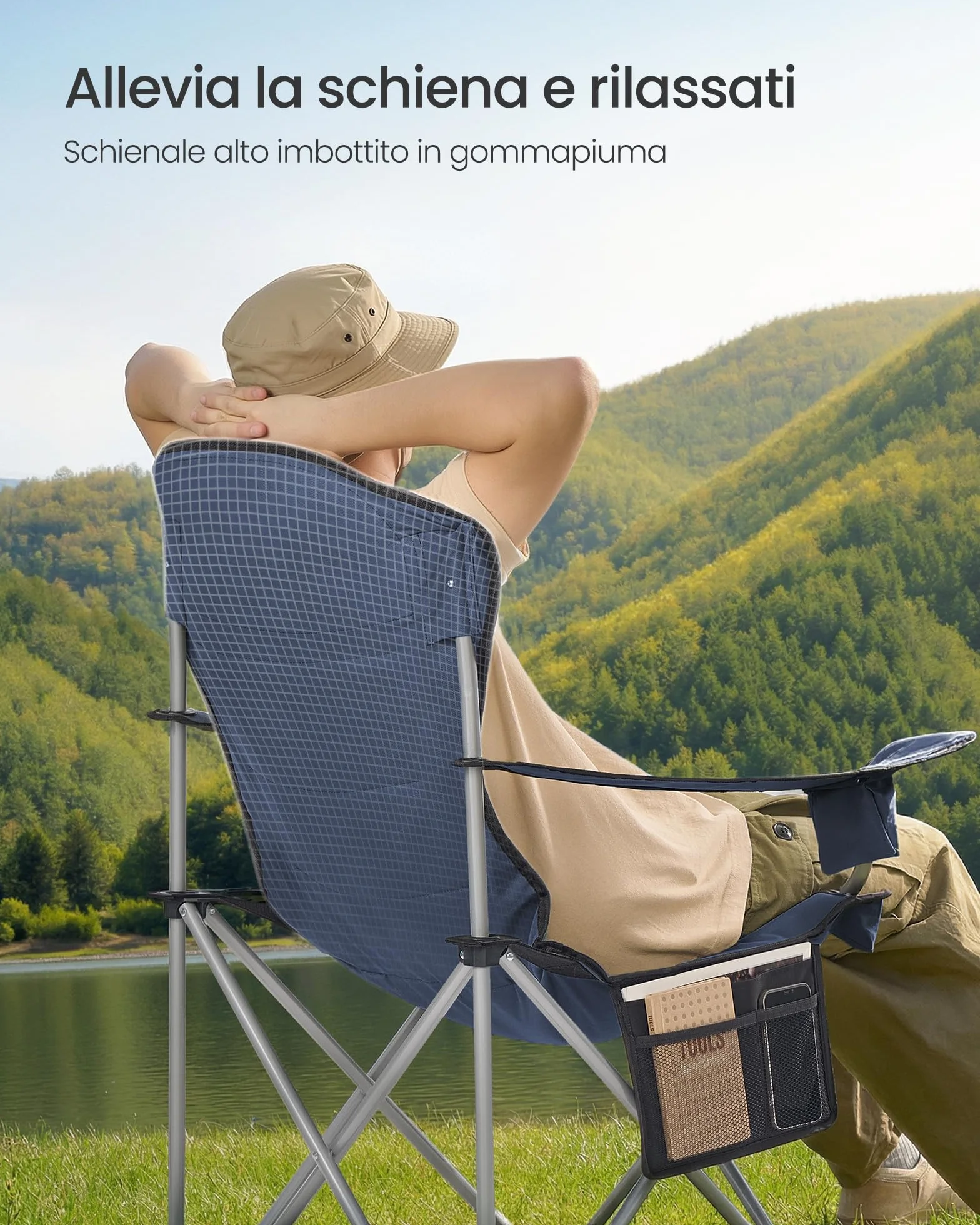 SONGMICS Sedia da Campeggio Pieghevole Portatile Seduta Ampia Schienale Alto Blu Grigio GCB005QE01