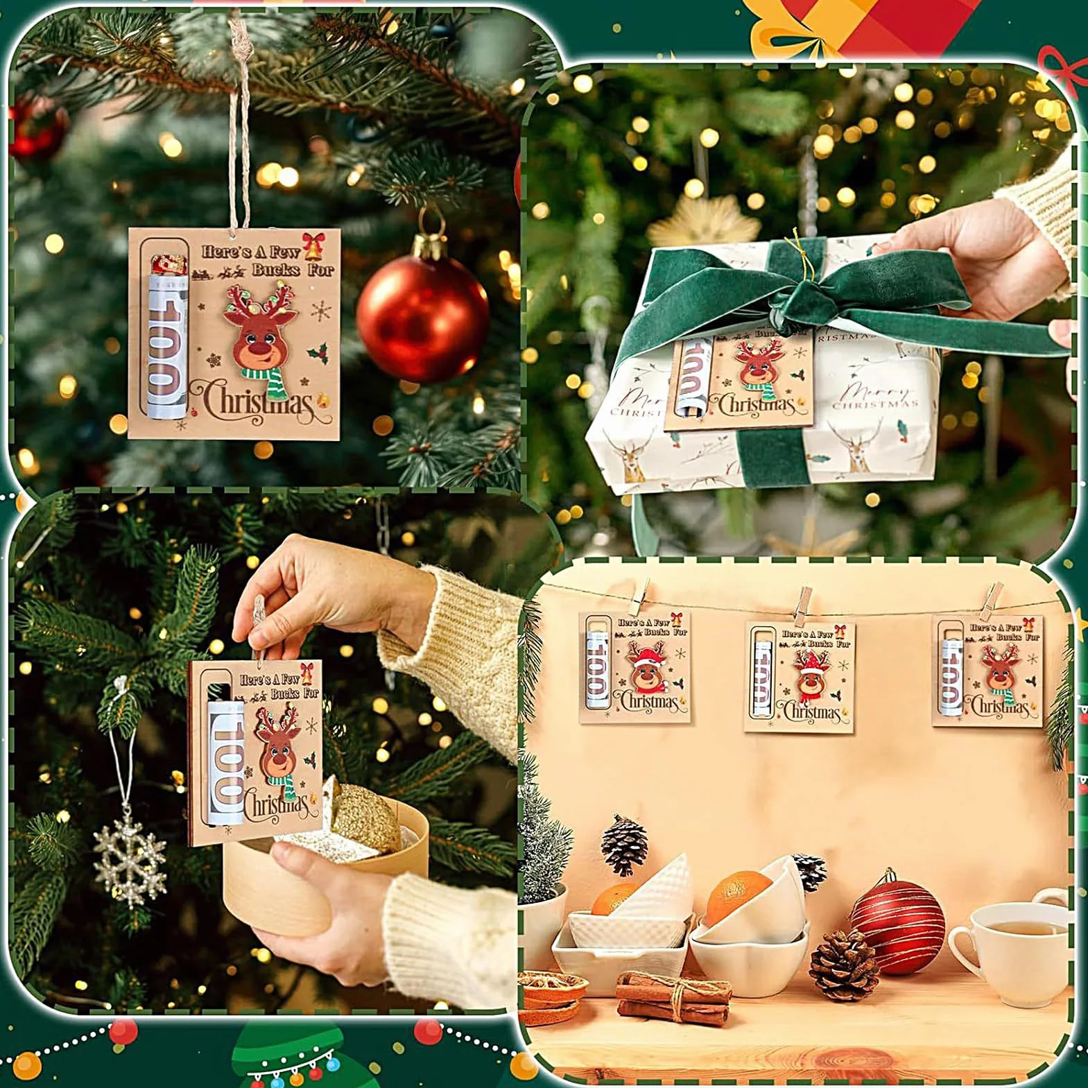 Portasoldi Natalizi in Legno 3 Pezzi Ornamenti Decorativi a Clip per Denaro per Albero di Natale