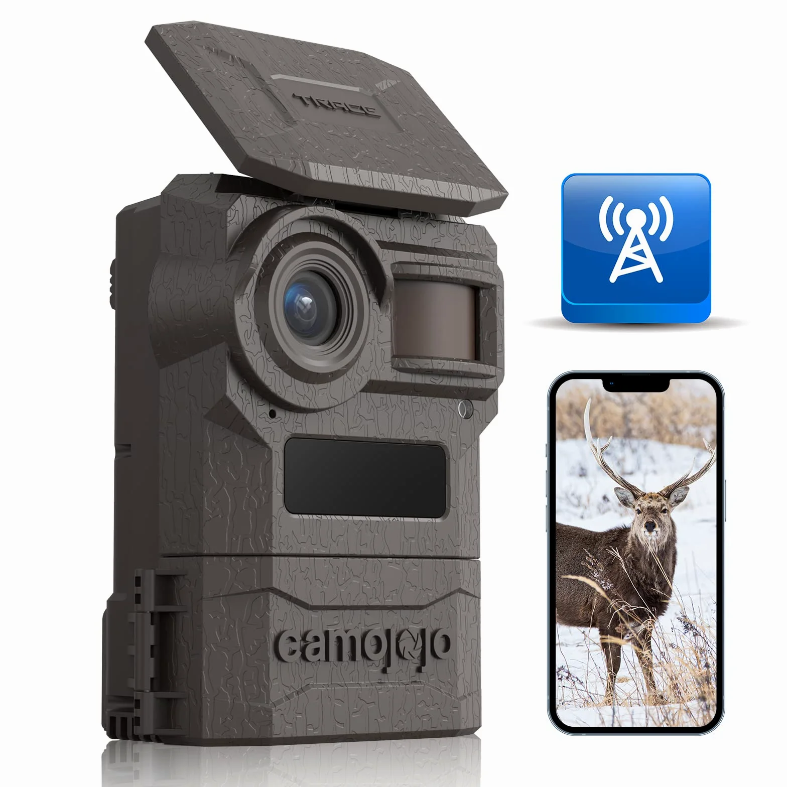 Camojojo Trace Fototrappola con SIM 4G LTE, Foto trappola infrarossi invisibili, Fotocamera caccia con IP66 impermeabile, Scheda SD da 32 GB, Multifunzioni APP, Tempo di funzionamento più lungo