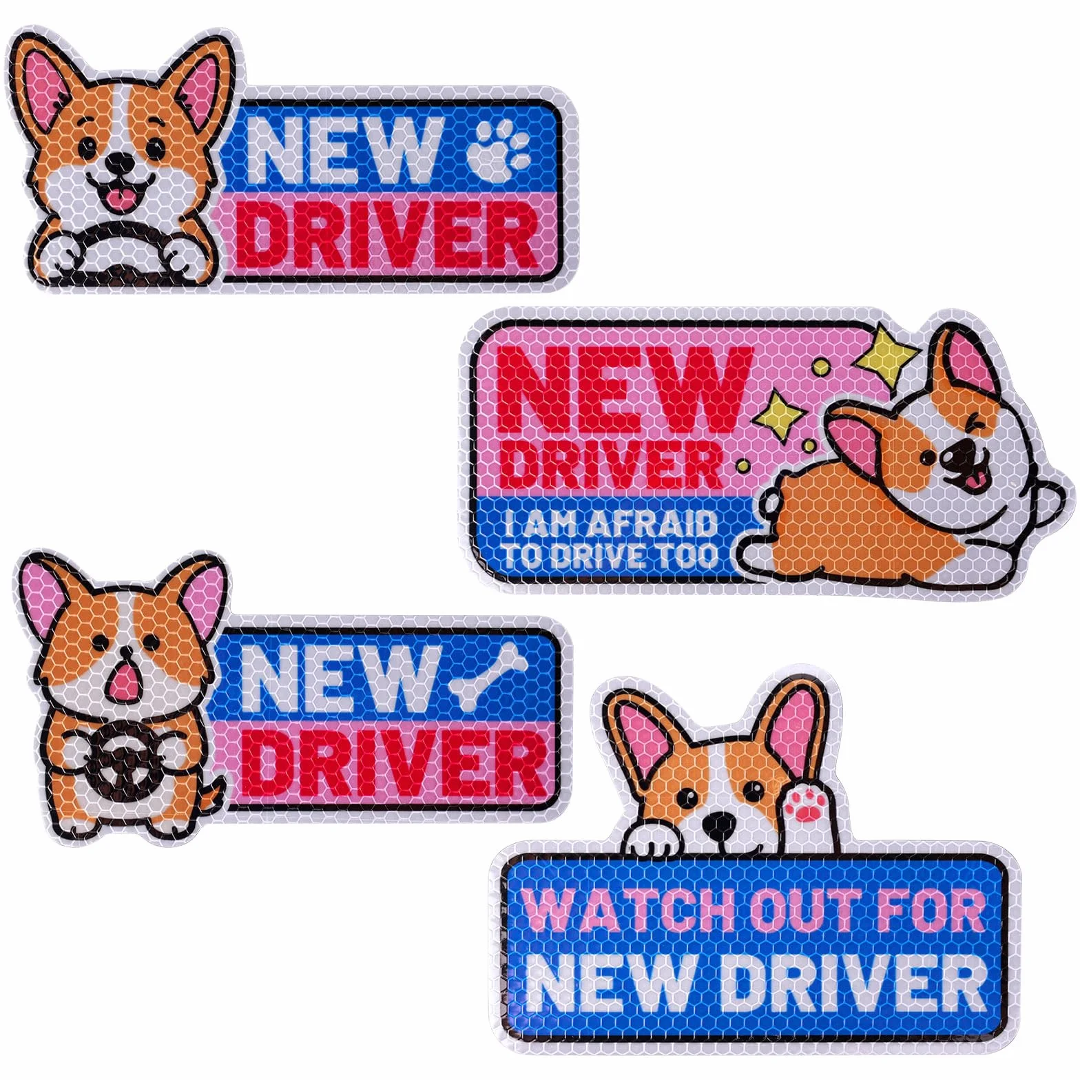 lasuroa 4pz Magneti Auto Corgi Divertente New Driver, Cartelli Riflettenti Studente Gatto Cartoon Carino Adesivi Magnetici Paraurti Riutilizzabili Avviso Sicurezza per Regali Principiante Neopatentato