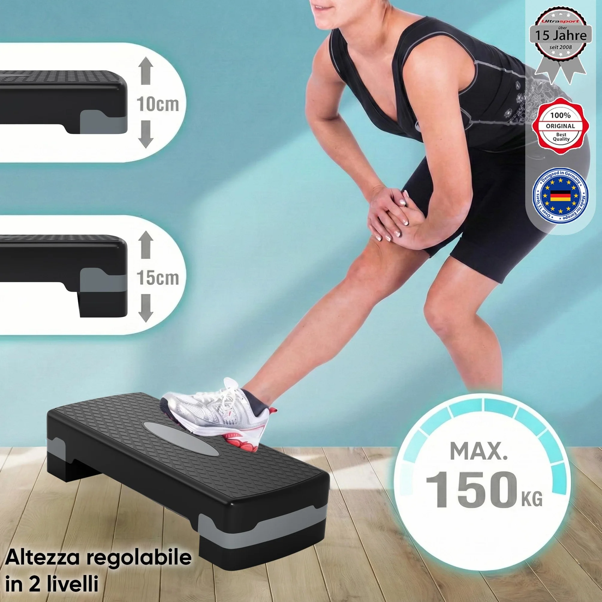 Ultrasport Step Fitness Stepper Aerobica Antiscivolo Regolabile 2 Altezze Stepboard 68x28 cm Grigio