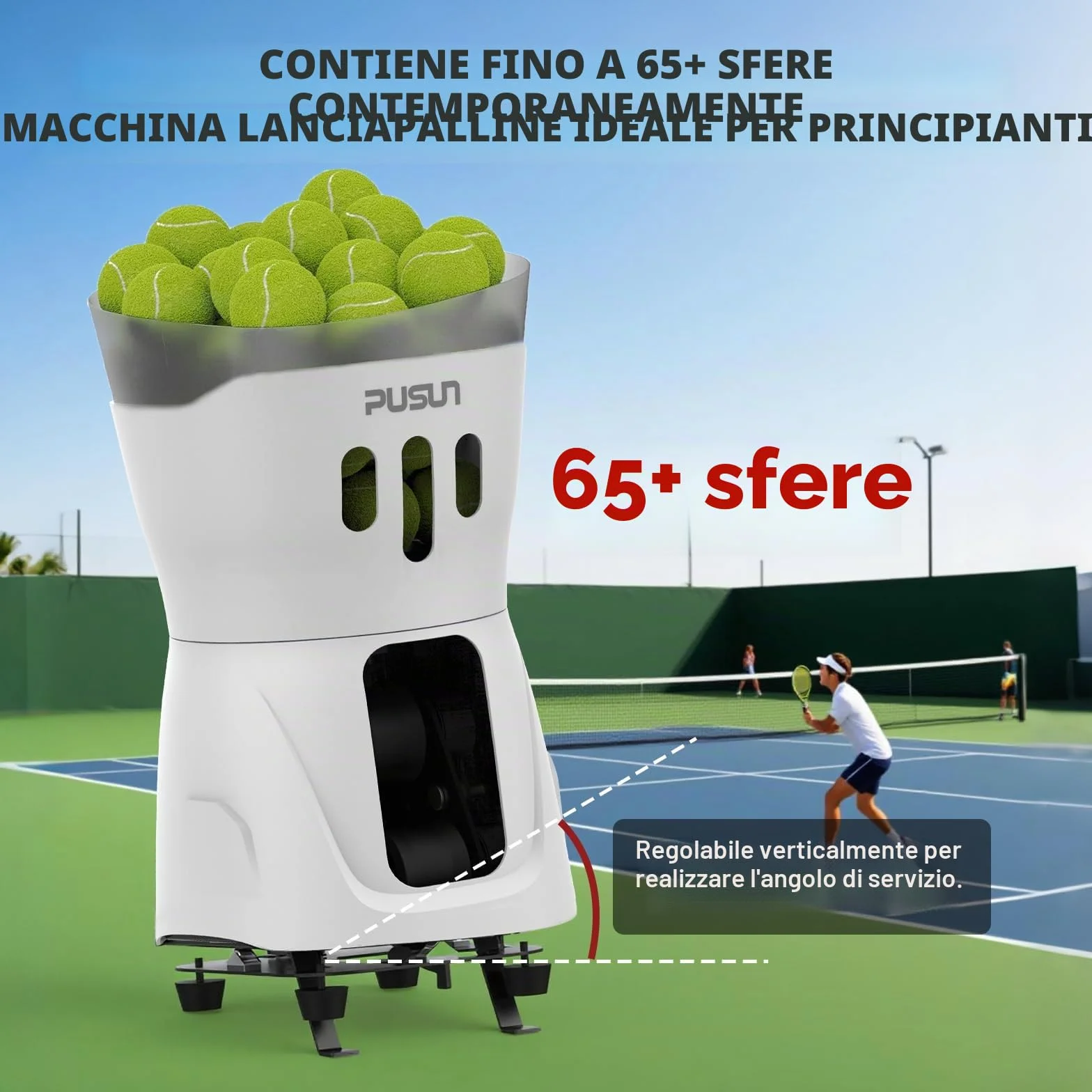 PUSUN PT-Mini Pro Macchina portatile per palline da tennis, 65 palline, supporto app e telecomando