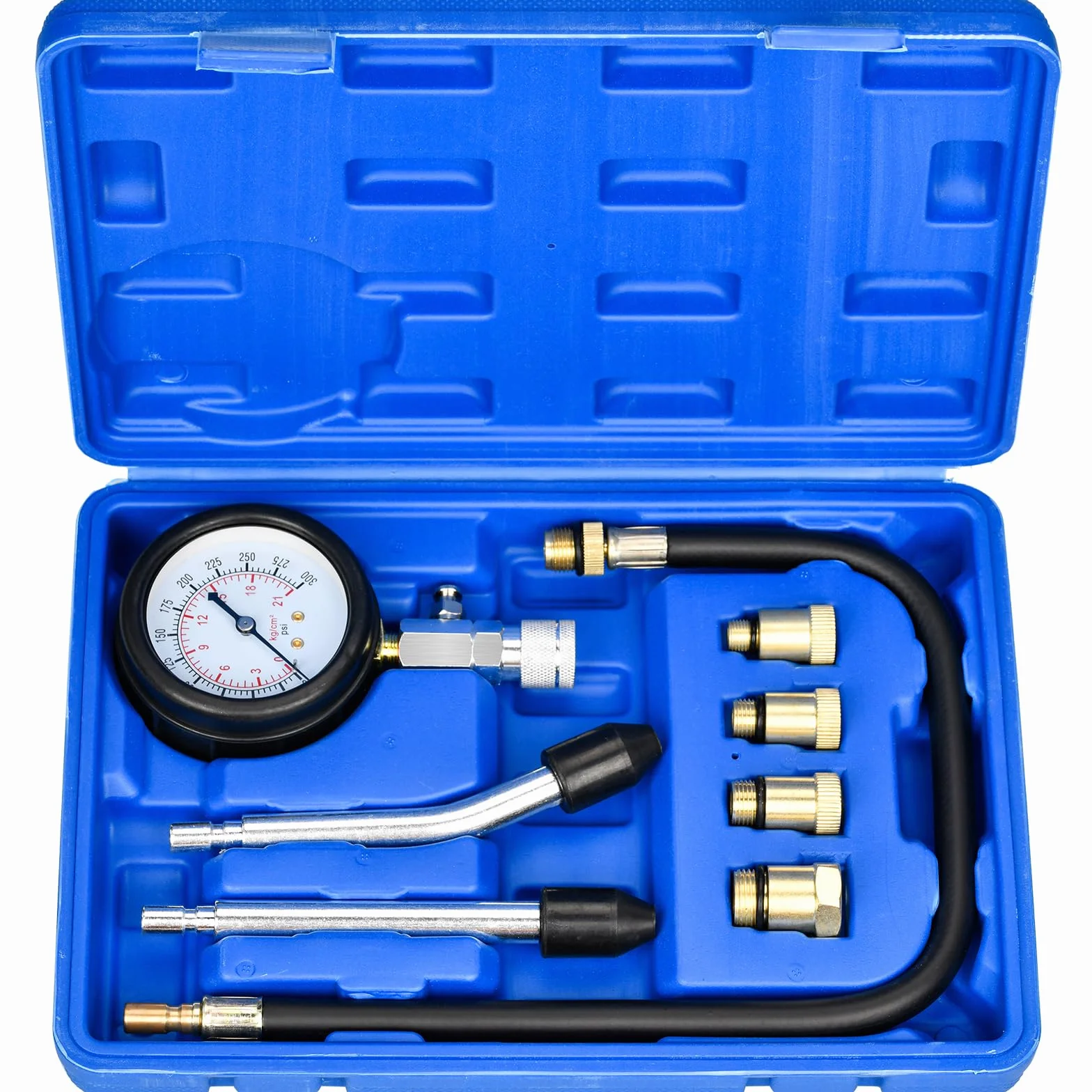 Tester di Compressione, Manometri Compressione per Motori Benzina 0-20 Bar o 0-300 PSI con 4 Adattatori M10 M12 M14 M18 per Auto e Moto (Blu)