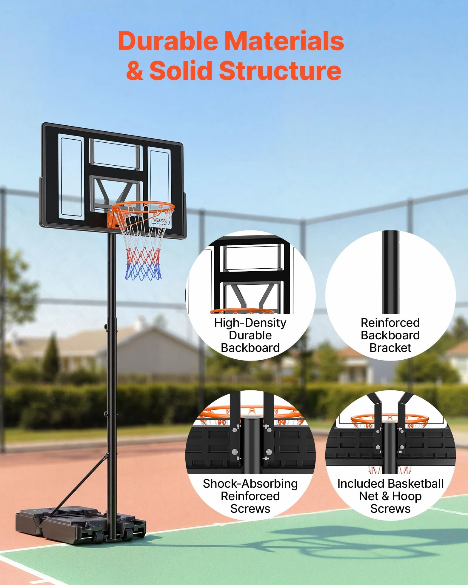 VEVOR Canestro da Basket da Esterno Regolabile in Altezza 3,05 m con Tabellone in PC 1117,6 mm e Ruote