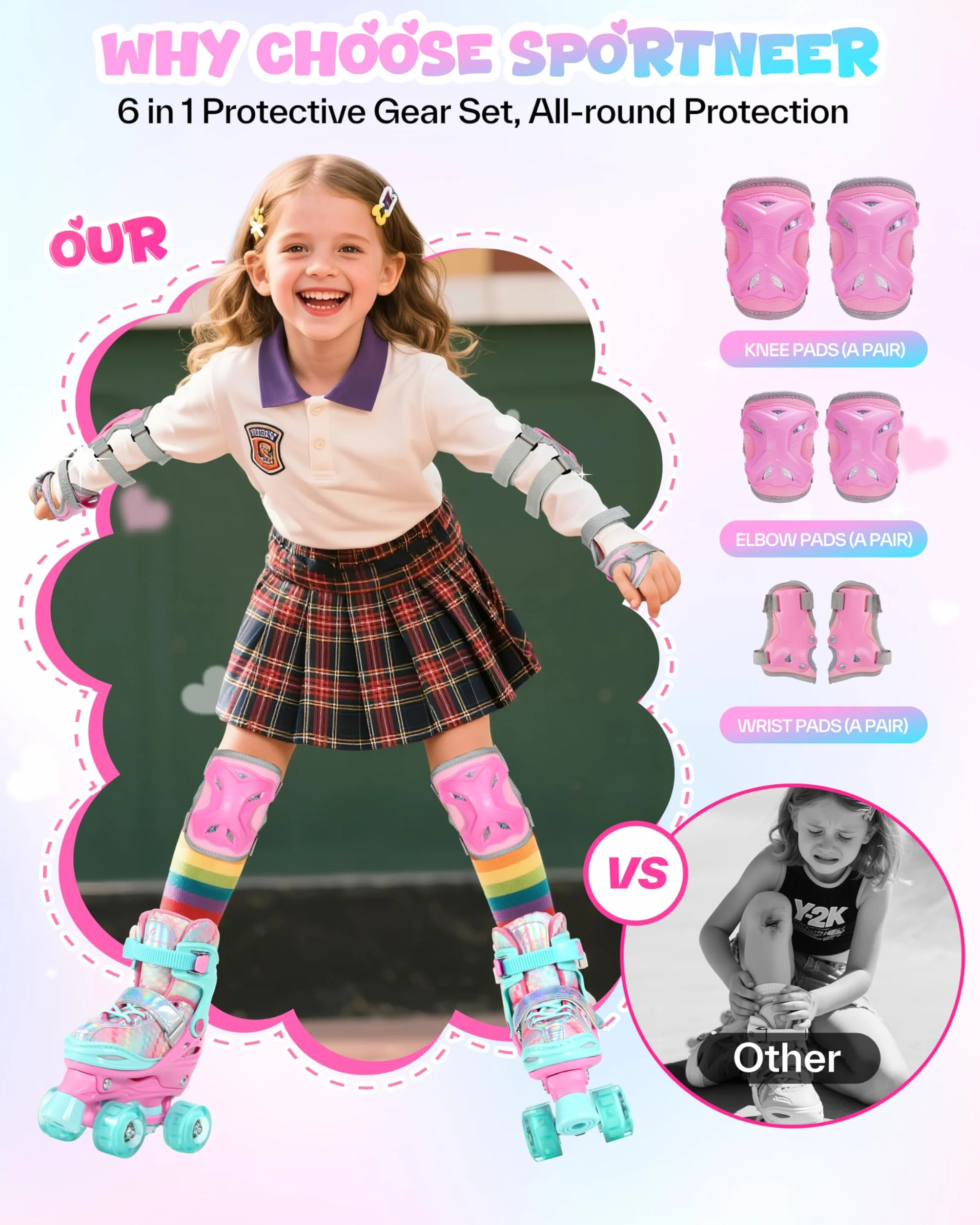Sportneer Pattini a rotelle per bambini, con equipaggiamento protettivo, pattini a rotelle regolabili con 8 ruote luminose, per ragazze, bambini, ragazzi, principianti, interni ed esterni