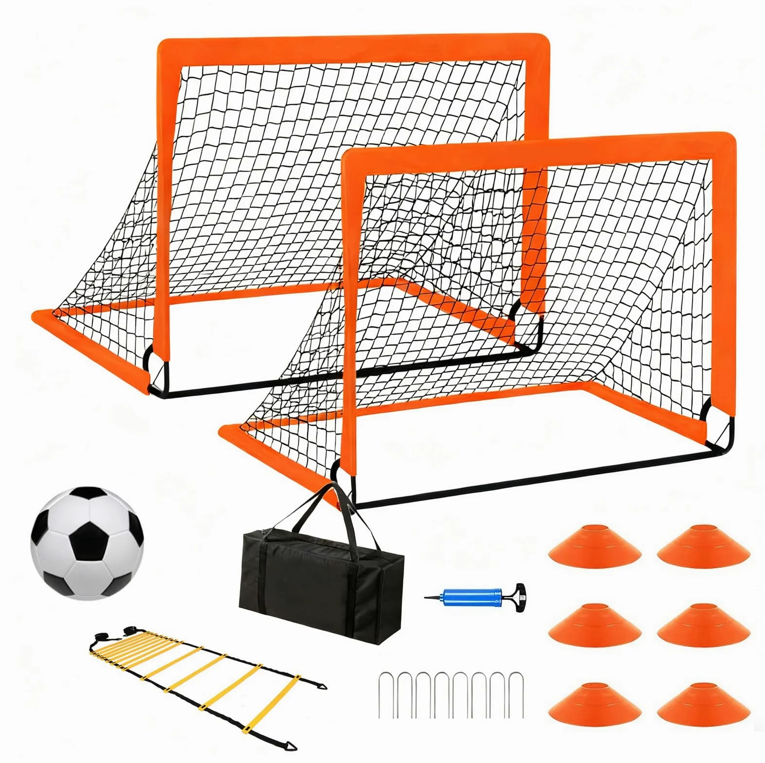 2 Pezzi Porta Calcio Adulti con Pallone, Pompa, Coni e Borsa Trasporto, Porte da Calcio Pieghevole per Giardino, Set Rete Calcio Portatile per Allenamento Casa, Cortile, Spiaggia, Indoor e Outdoor