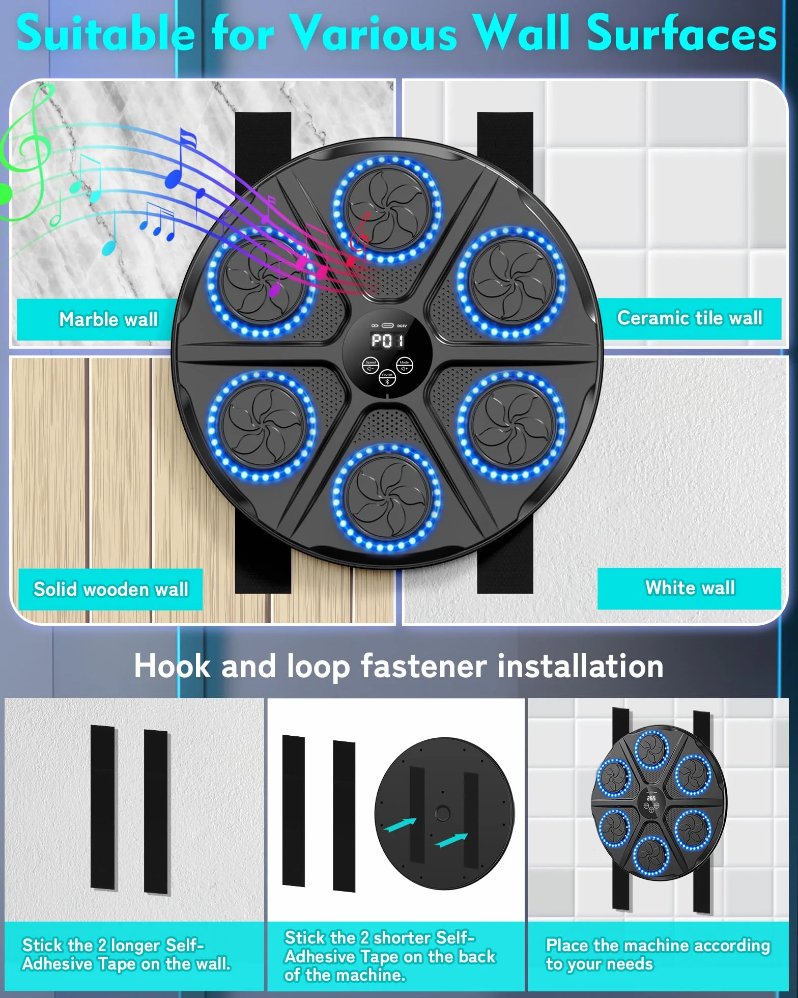 Music Boxing Machine Adulti - 12 modalità di velocità Macchina da BOXEN Musical Pugile con Guanti da Boxe - LED Musica Bluetooth Boxe Allenamento per Casa