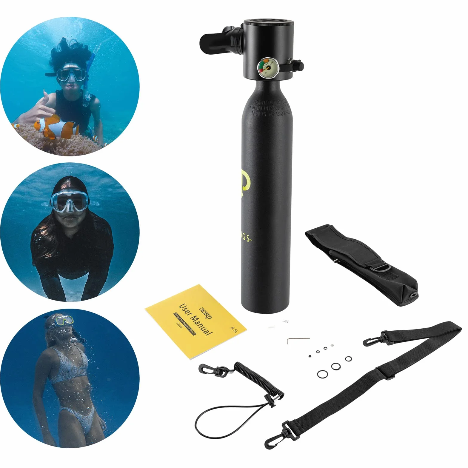 Bottiglia di ossigeno portatile 0,5 l per immersioni subacquee, nera