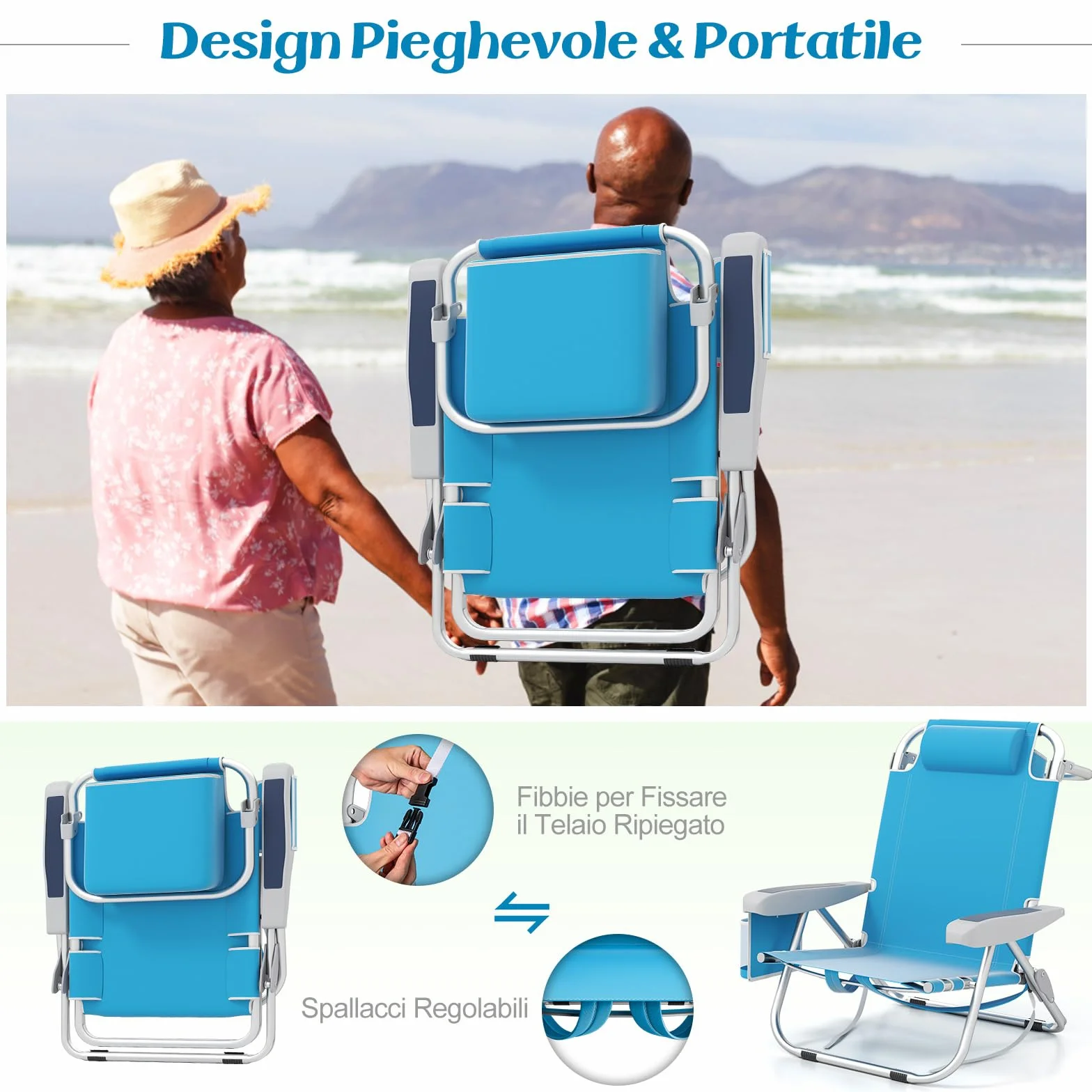 COSTWAY Set di 2 Sedie da Spiaggia Pieghevole a 5 Posizioni con Portabicchieri e Cuscino, Portata 150 kg Azzurro