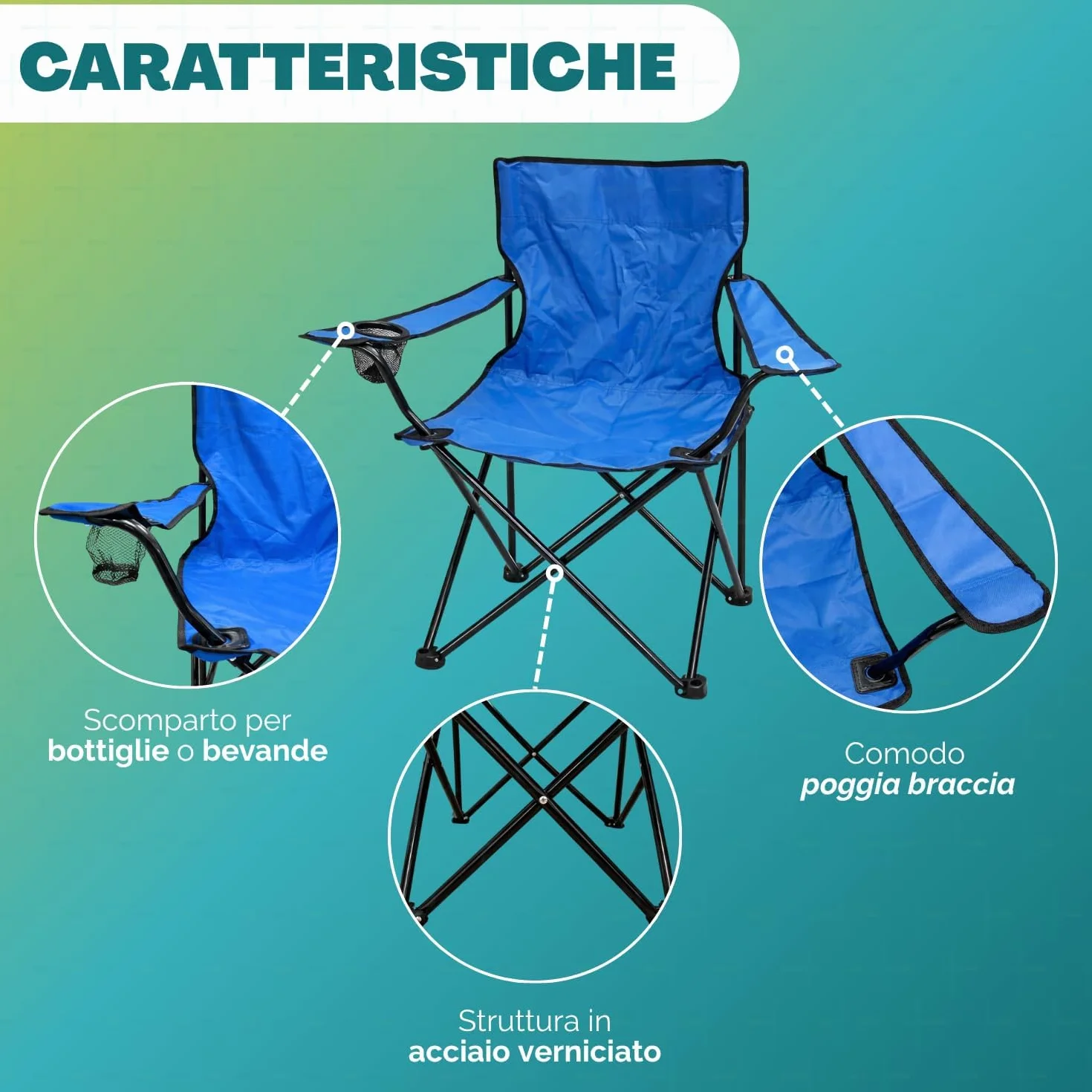 PALUPLUS 2 Sedie da Pesca pieghevoli Blu 75x46x80 cm Struttura tubolare metallo poliestere Braccioli Portabicchiere Sacca Trasporto