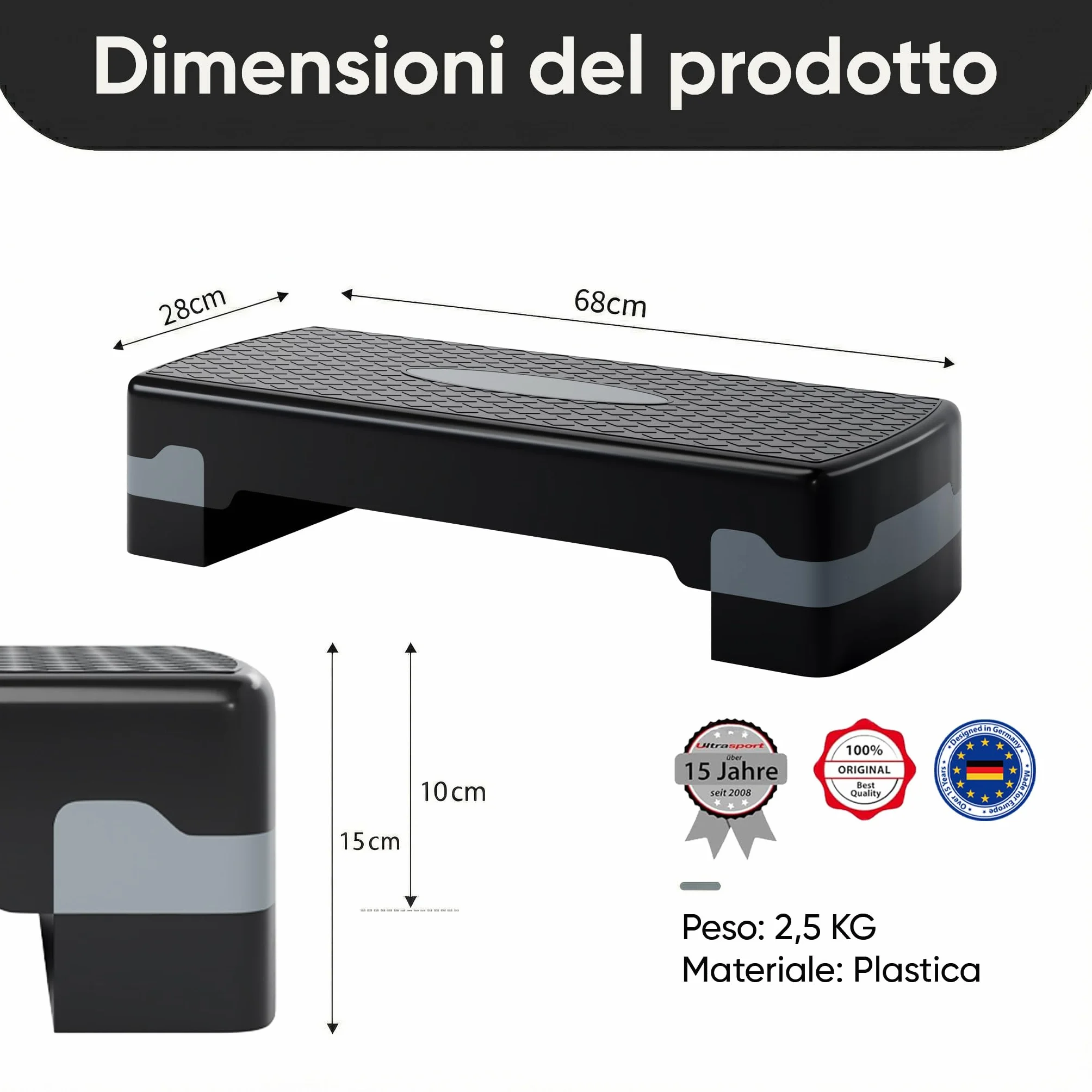 Ultrasport Step Fitness Stepper Aerobica Antiscivolo Regolabile 2 Altezze Stepboard 68x28 cm Grigio