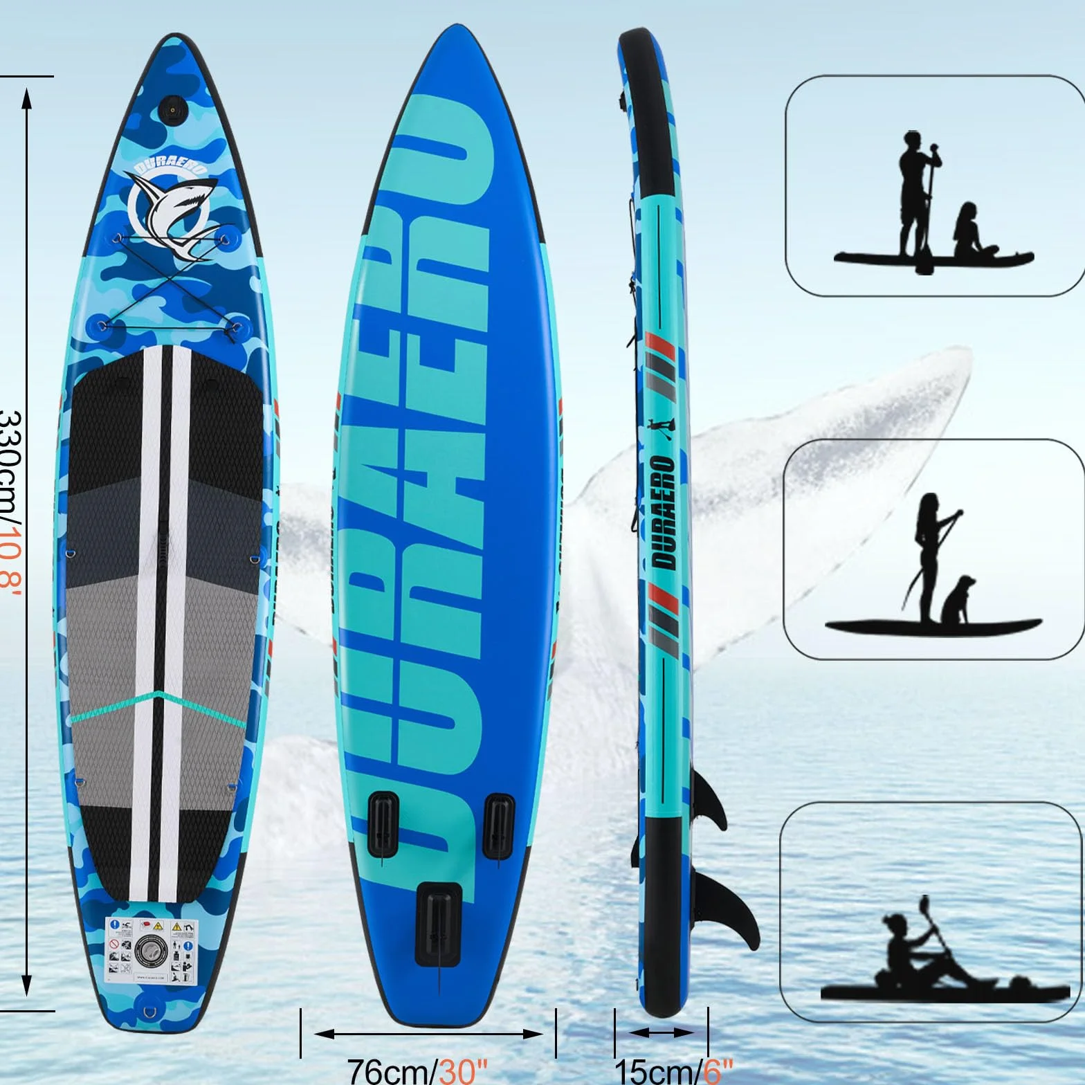 Tavola gonfiabile Stand Up Paddle 330x76x15 cm portata 150 kg blu mimetico
