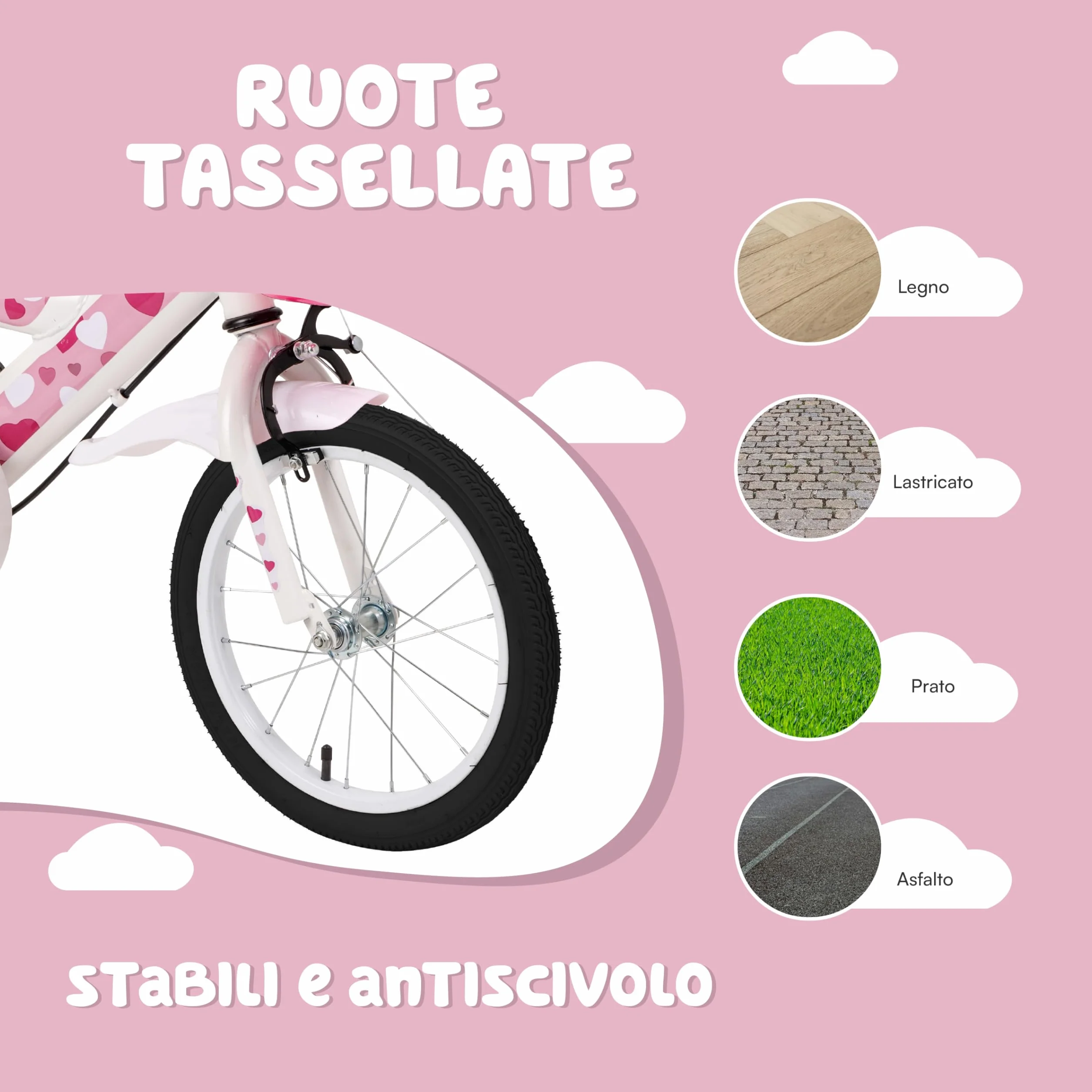 Baroni Toys Bicicletta Bambina Rosa Cuori 12" 14" 16" con Cestino e Rotelle