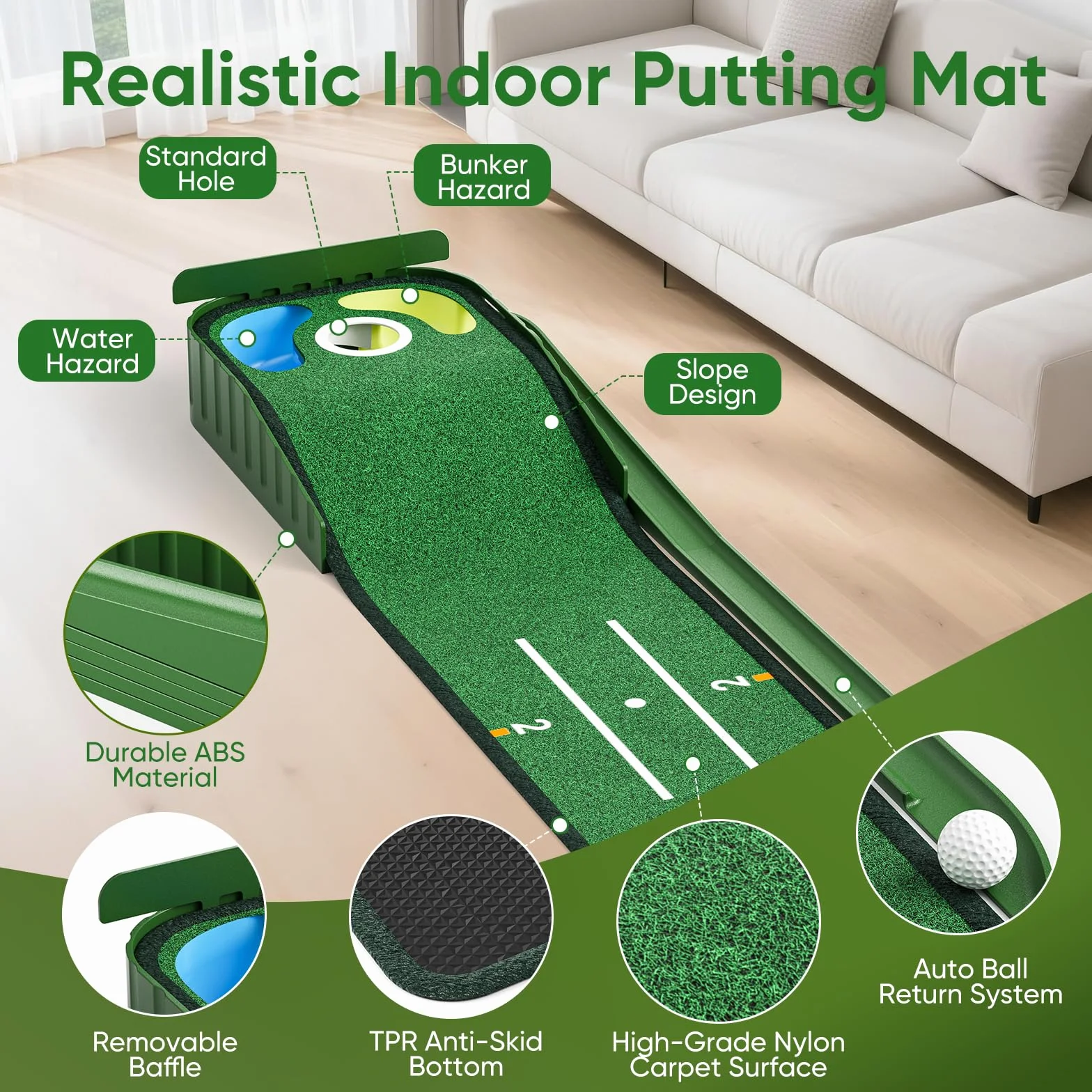 WildFun Tappetino per il putting green da golf con porte e specchio per il putting, tappetino per il putting da golfs per uomini che giocano a golf a casa o in ufficio