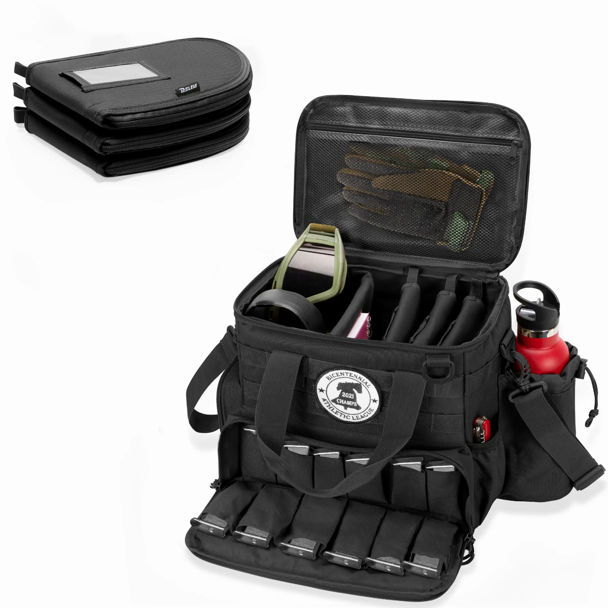 DSLEAF Borsa per pistola tattica con 3 custodie per pistola, borsa per pistola con 12 scomparti per caricatori e tasche extra per tiro e caccia (progettazione brevettata)