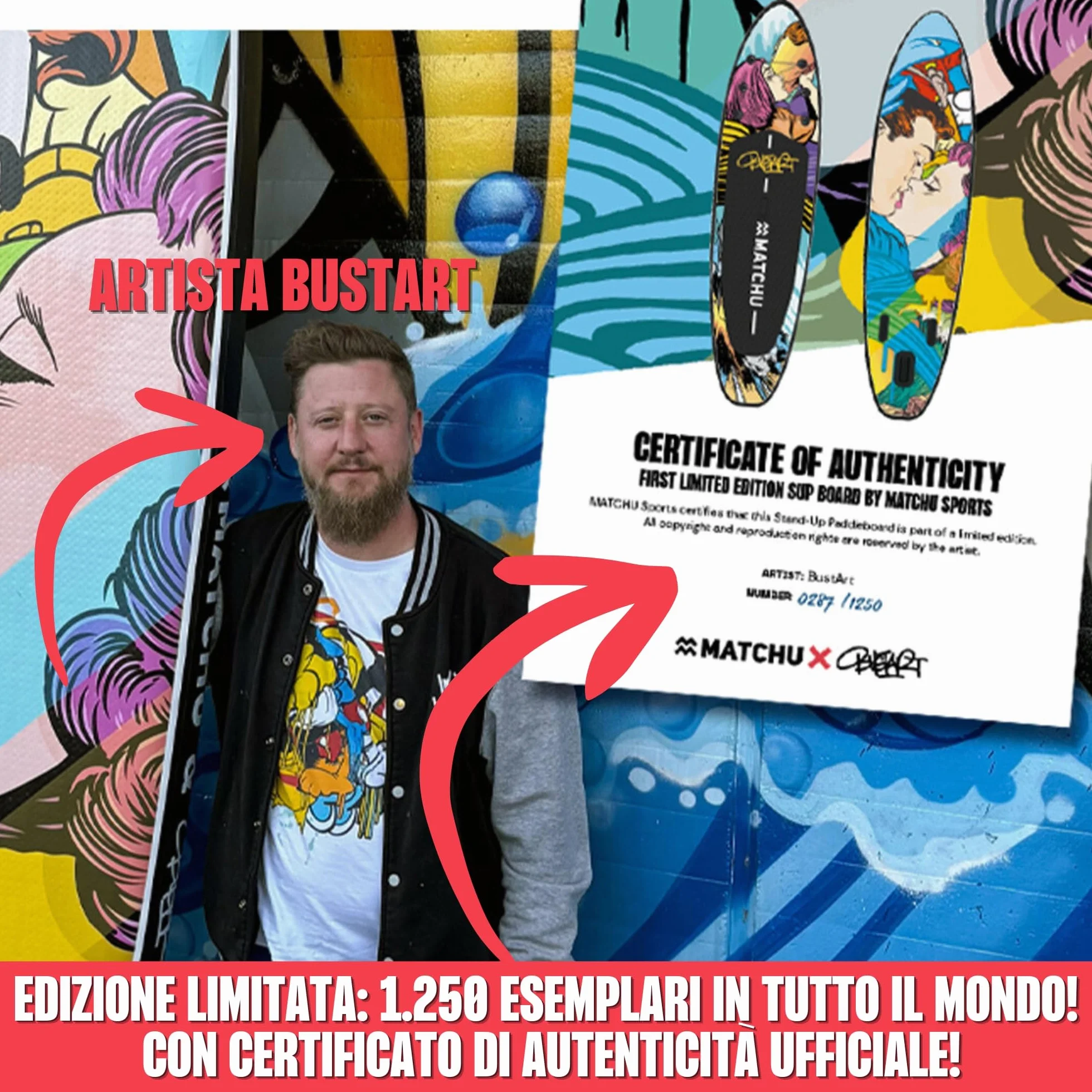 MATCHU - Sup Board gonfiabile - Paddle Board - Edizione limitata - Certificato - Set completo - 320 x 81 x 15 cm - Portata 150 kg - Collezione Art
