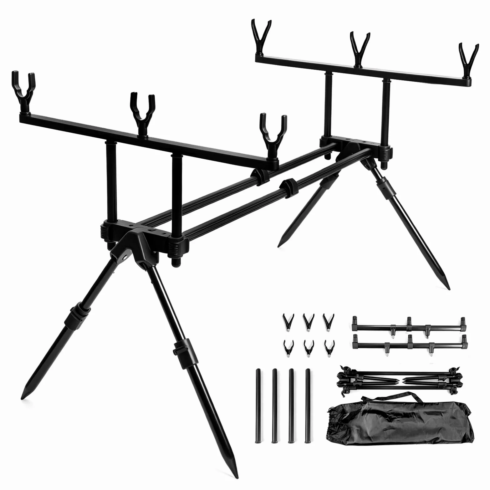 Portacanna, 64-121 cm Supporto per Canna da Pesca Estensibile a Tre Teste Porta Canne da Pesca con Borsa Portaoggetti e 6 Teste di Supporto per Asta Accessori da Pesca per Pesca Alla Carpa Dalla Riva