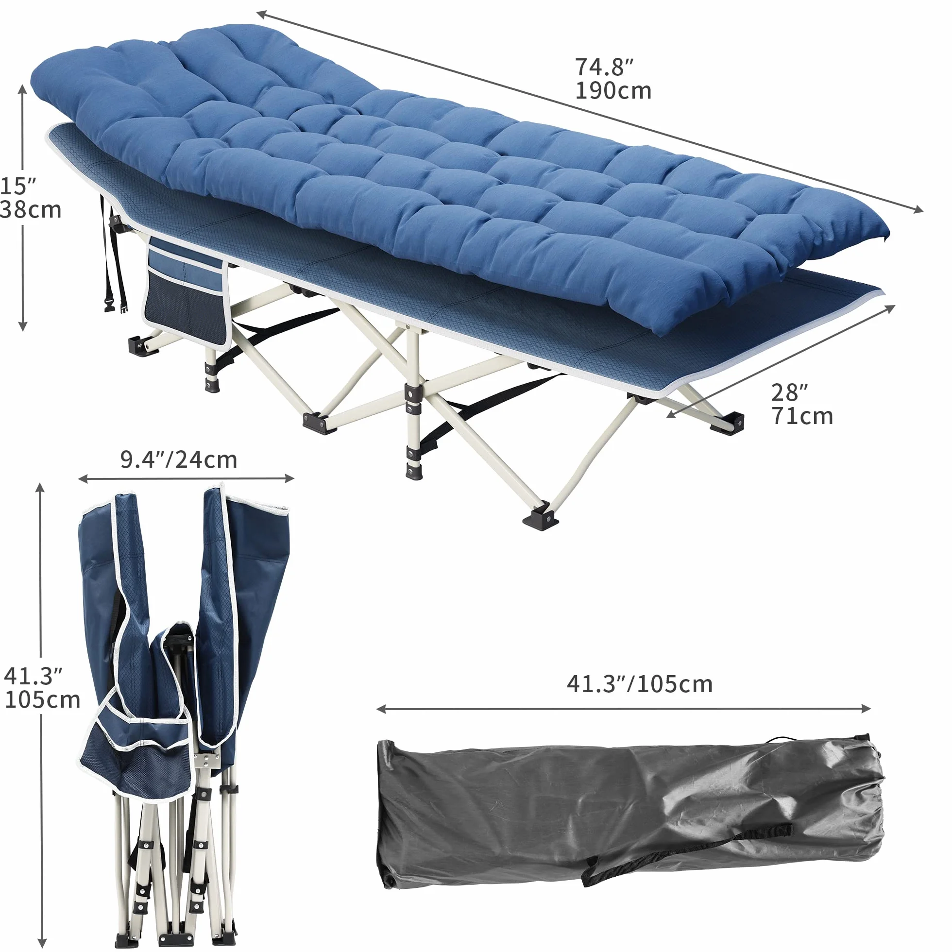 YITAHOME Letti da Campeggio Pieghevoli per Adulti, Lettino con Materasso Extra Spesso, Tubi Più Spessi, Blu