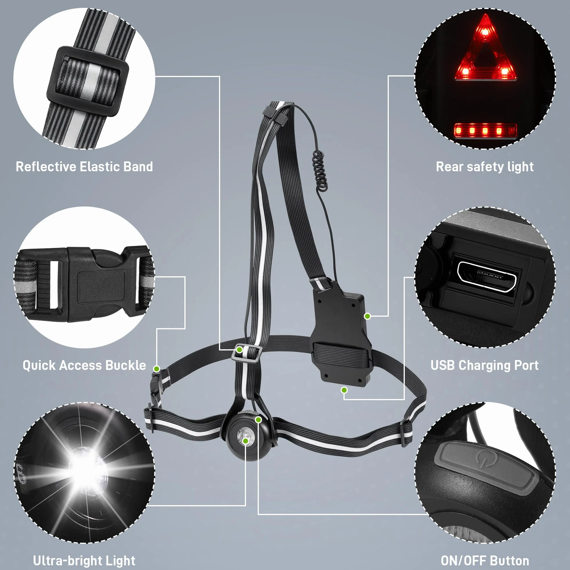 JIZZU Luce Ricaricabile USB per Corsa, 3 Modalità, Impermeabile, Ruotabile 90°