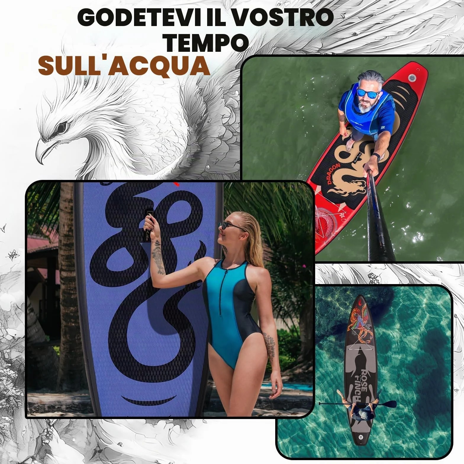 FEATH-R-LITE Tavole da Stand Up Paddle Gonfiabili Paddleboard con Pompa Manuale Zaino SUP Guinzaglio Pagaia Regolabile