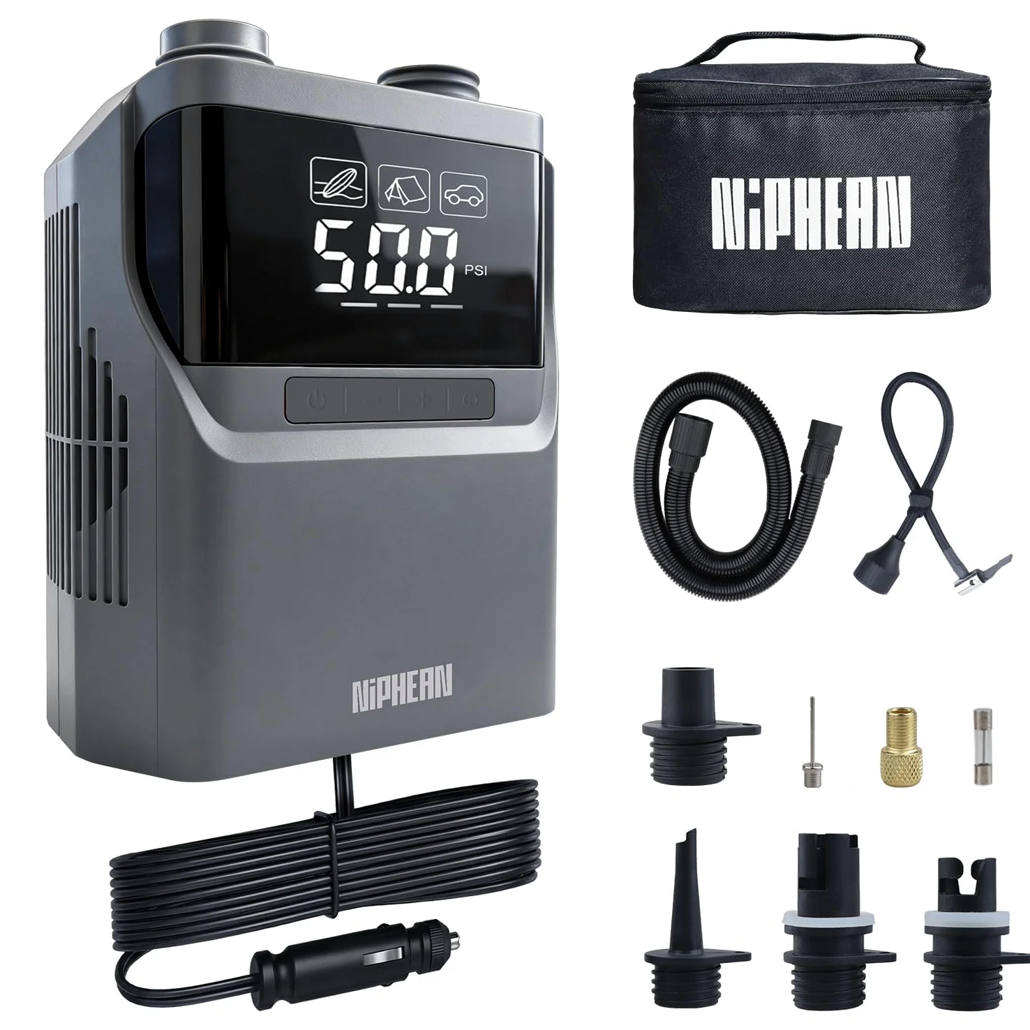 Niphean Gonfiatore Elettrico Portatile, Pompa Elettrica SUP 50 PSI | Pompa SUP Portatile 12V DC, Gonfiaggio e Sgonfiaggio Automatico per Tavola SUP, Kayak e Pneumatici