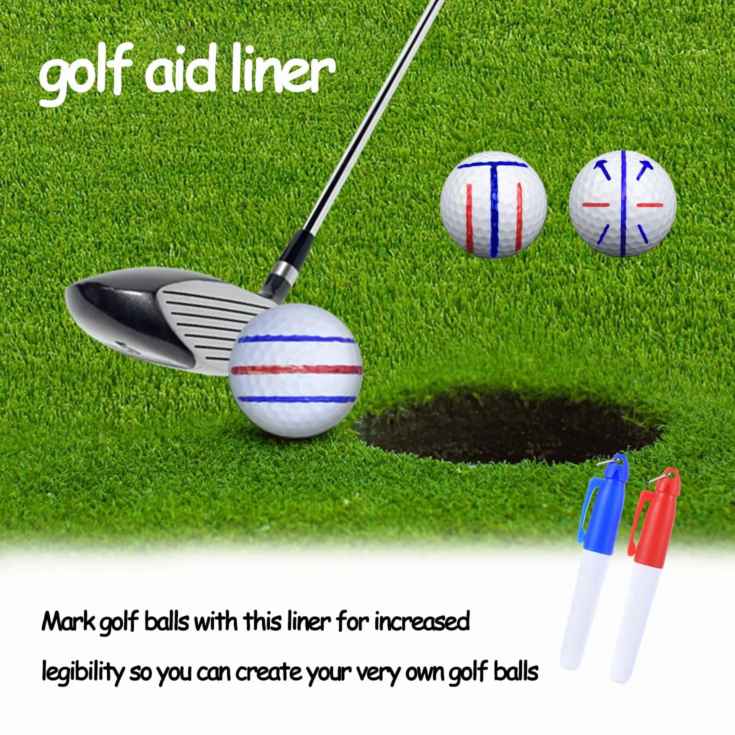 Set di allineamento per pallina da golf - Confezione da 3 inserti, 2 penne, pennarelli