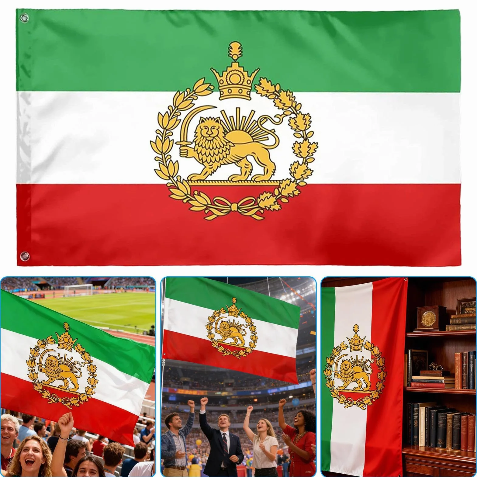 Bandiera Iran 90x150cm Poliestere, Bandiera Persiana Storica, Leone e Sole, 2 Pezzi