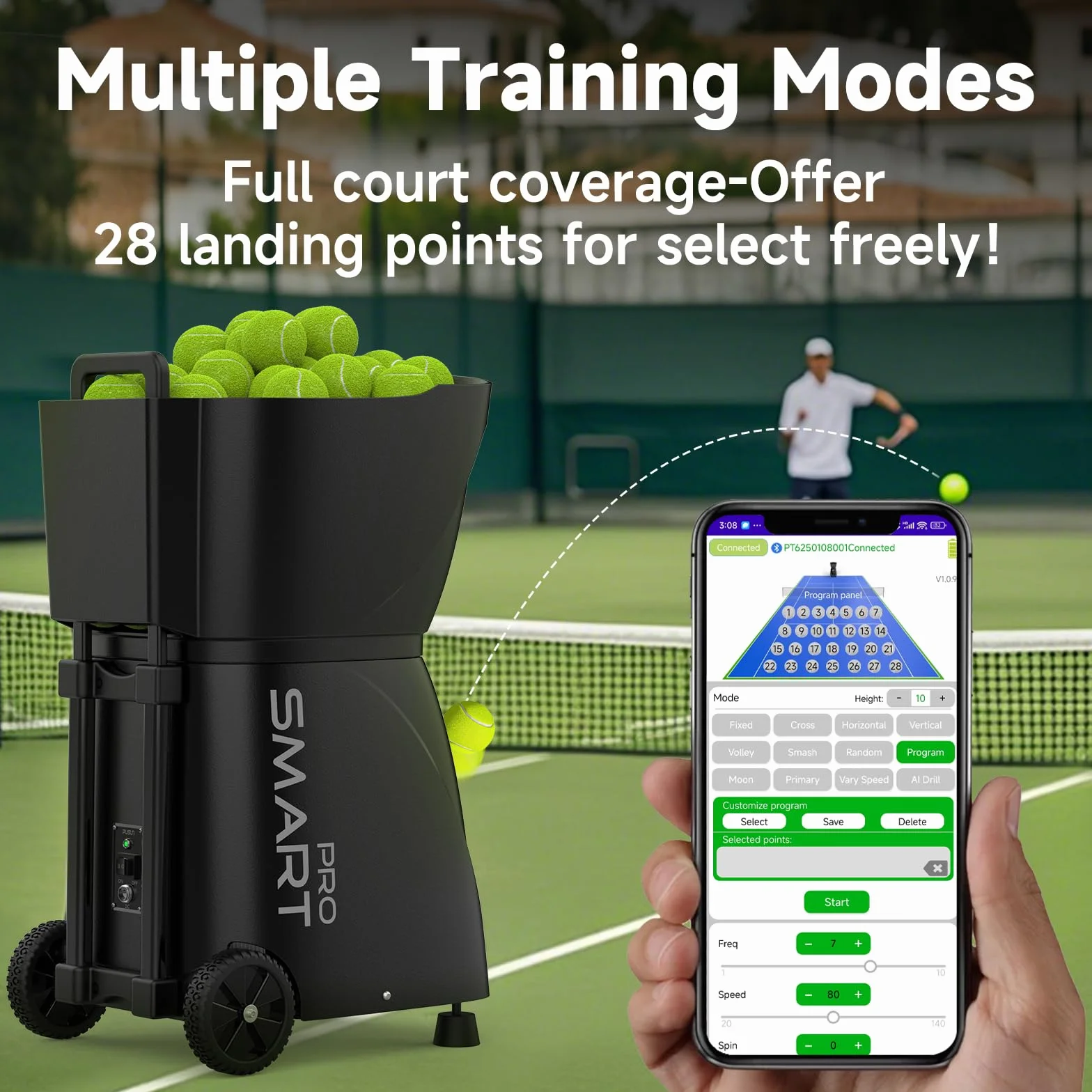 PUSUN PT-Smart Pro Macchina Lanciapalline Tennis Professionale Doppio Controllo Telecomando App Capacità 115+ Palline