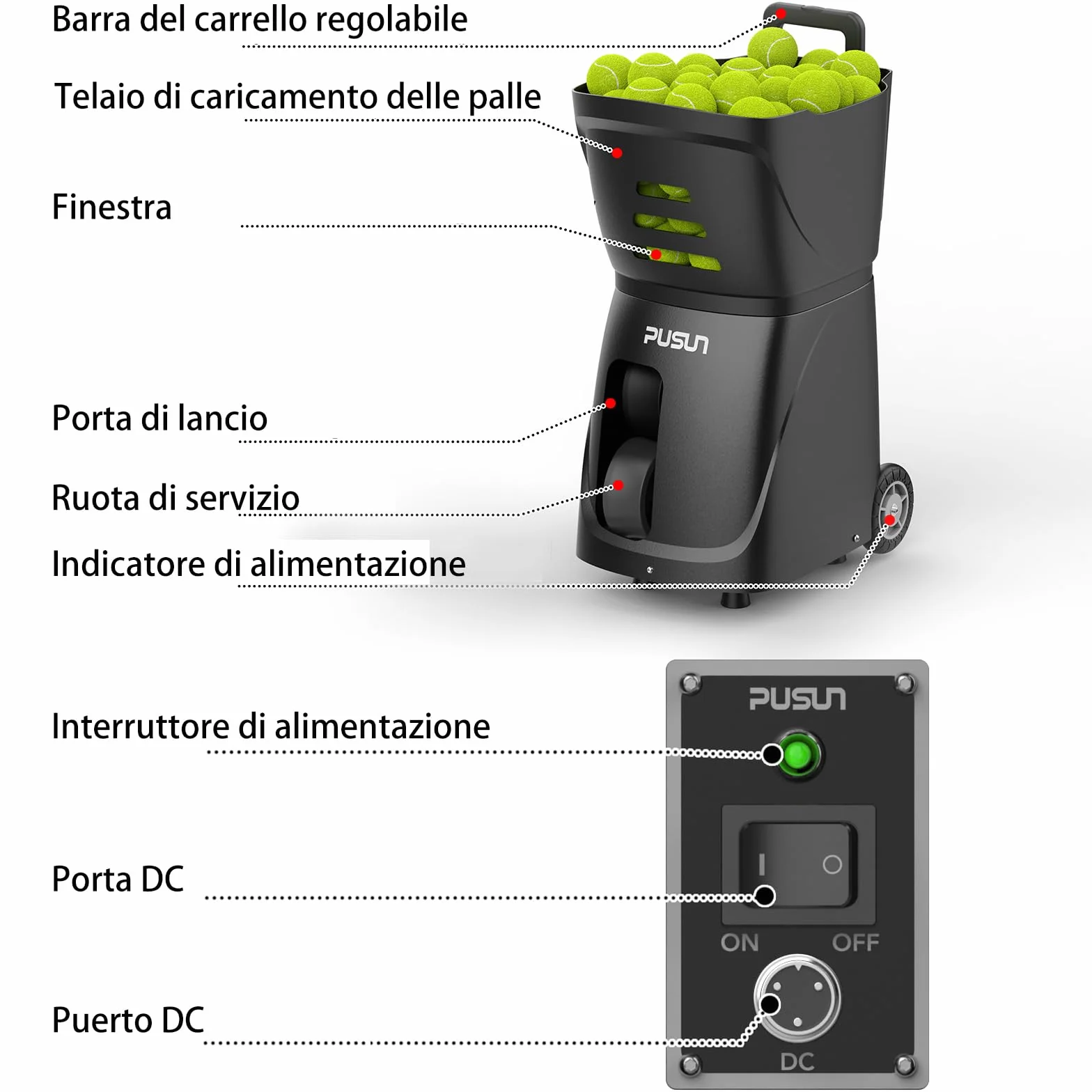 PT-Smart Macchina per palline da tennis con app telecomando Lanciatore elettronico portatile Batteria 4-6 ore Oscillazione Topspin Backspin